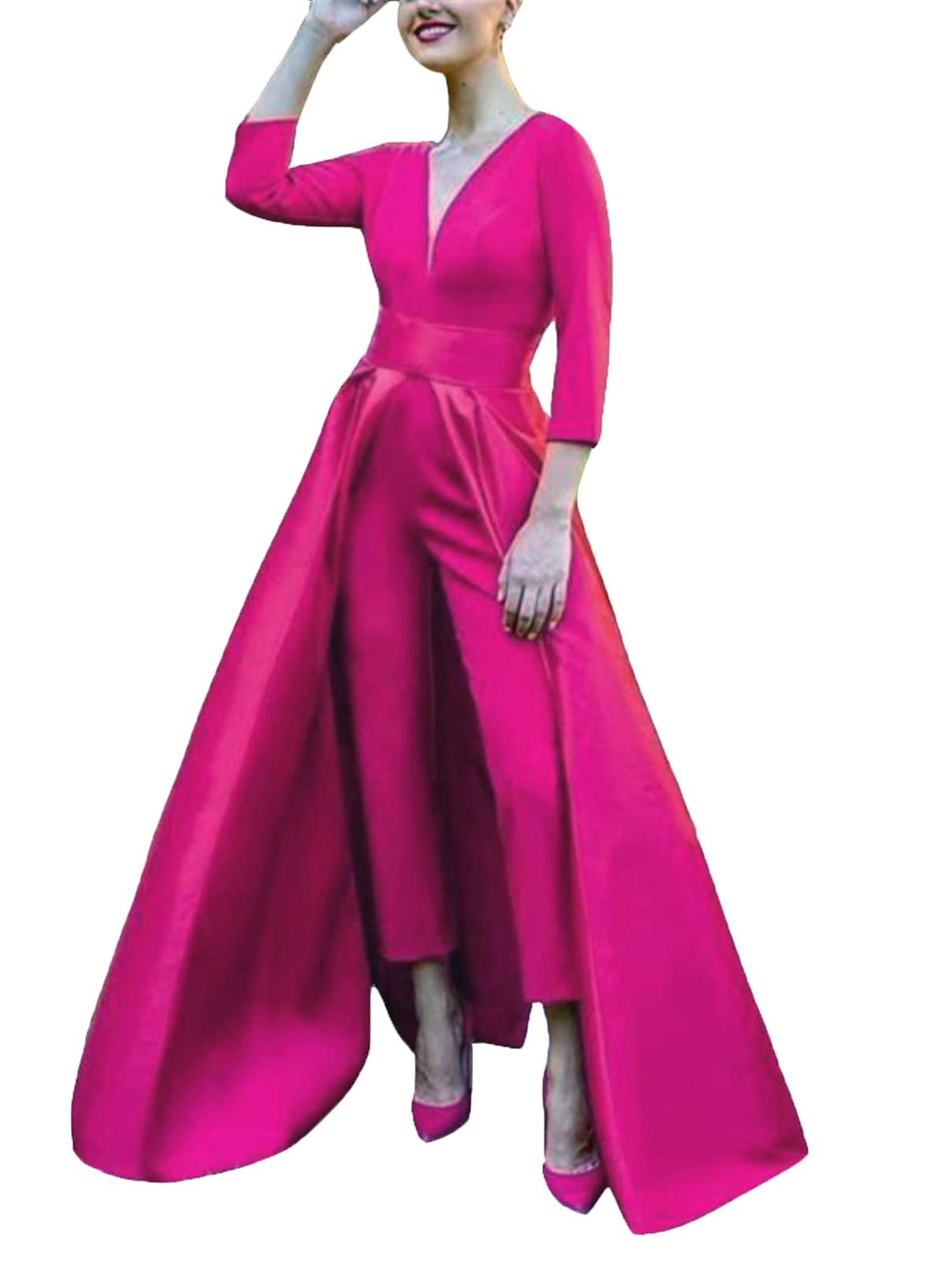 VeraQueen Women's Elegant Double V Neck Jumpsuit - Detachable Skirt Evening Dress with 3/4 Sleeves, Satin Prom Gown Pants for Formal Events, Parties & Special Occasions
