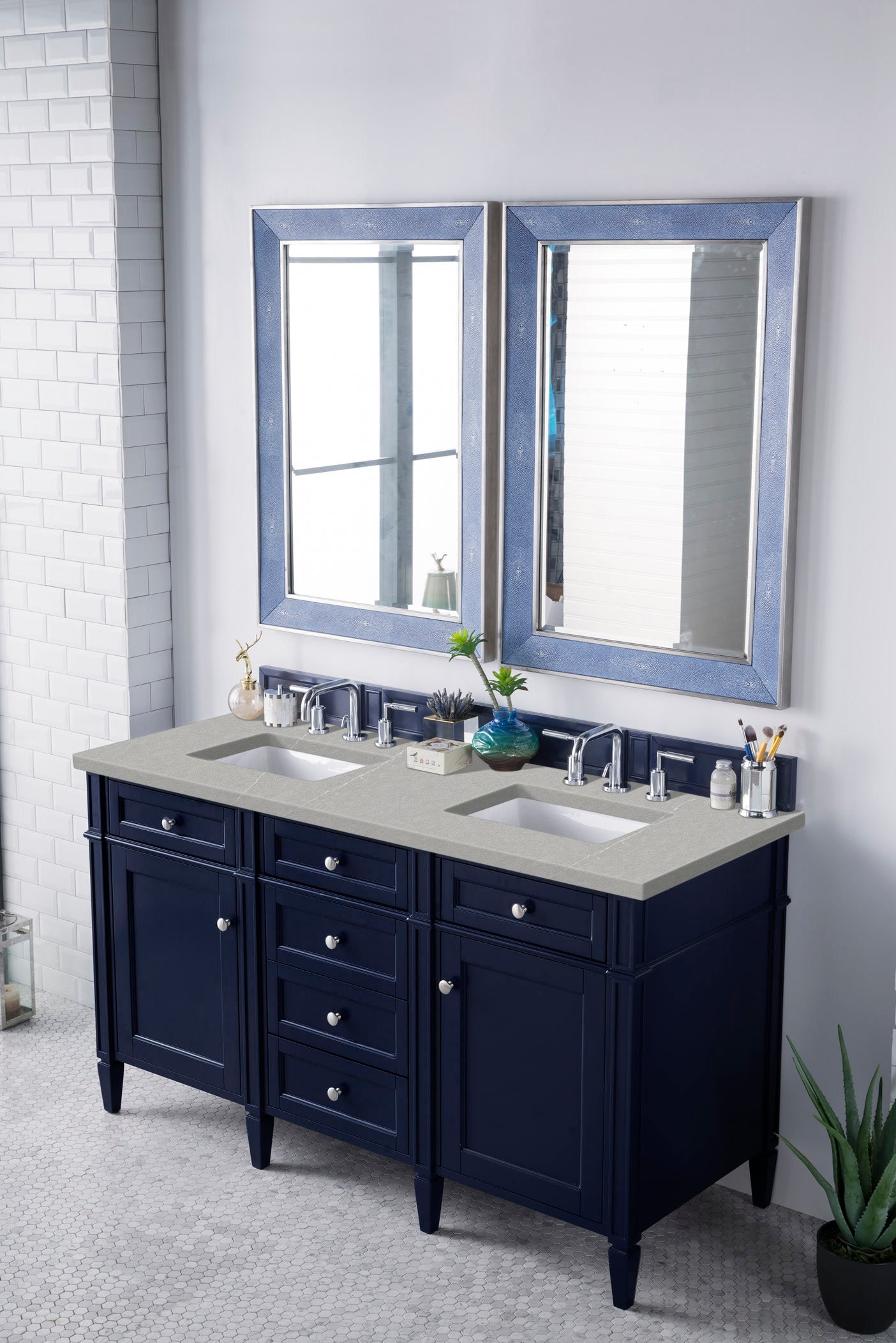 Brittany 60-Inch Victory Blue Double Vanity with 3CM Eternal Serena Quartz Top - Modern Bathroom Vanity Set for Master Bath & Guest Bath Remodel
