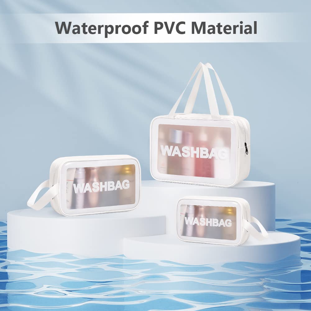 4PCS Clear Toiletry Bags for Travel - Waterproof PU Makeup Organizer with Zipper Handle, TSA Approved Cosmetic Bag for Airport Security, Perfect for Bathroom Essentials & Travel Accessories (White) - Ideal for Vacations, Business Trips & Gym Use