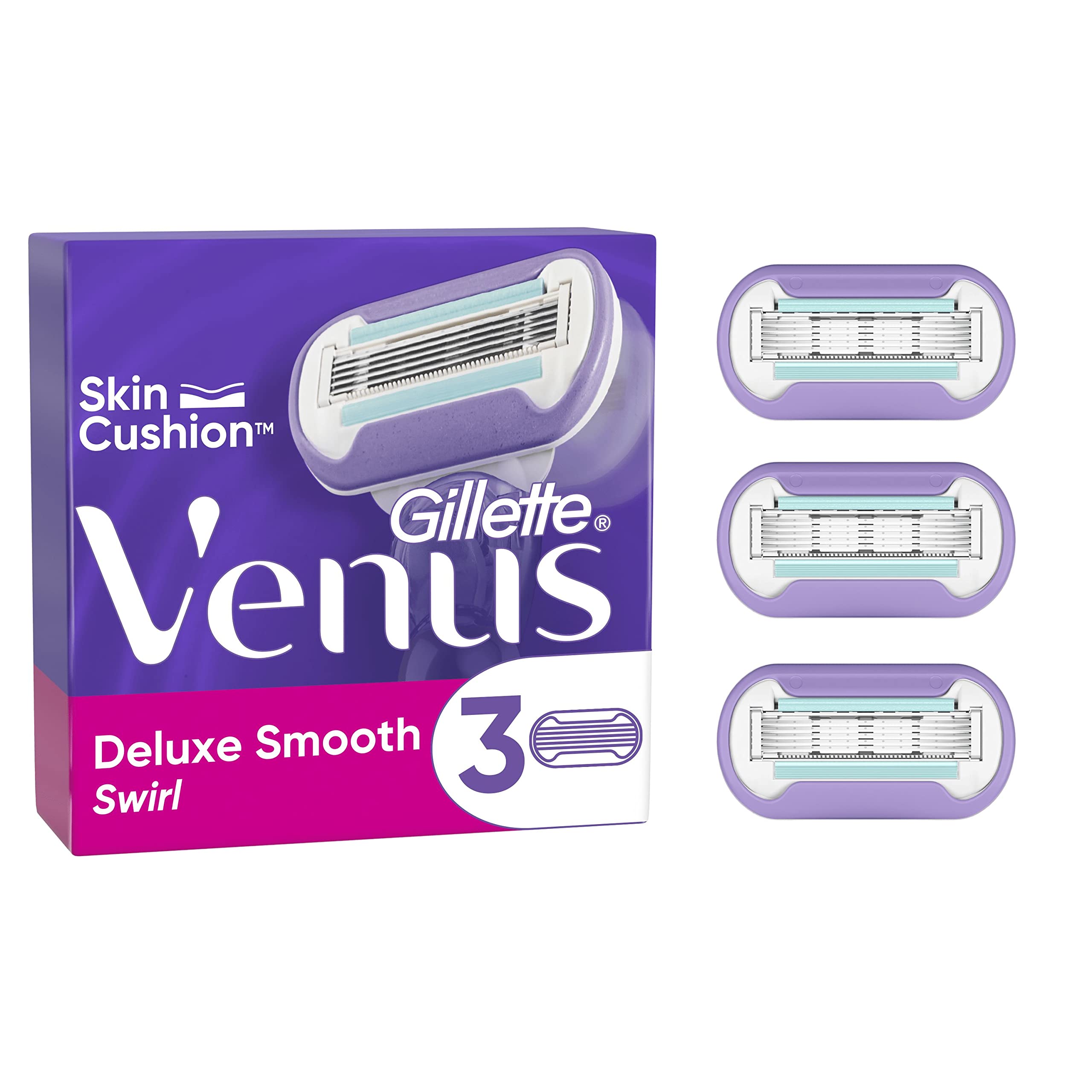 Gillette Venus Deluxe Smooth Swirl Razor Blades for Women - Pack of 3 Refill Blades with Lubrastrip & Vitamin E - Silky Smooth Shaving for Legs, Underarms & Bikini Line