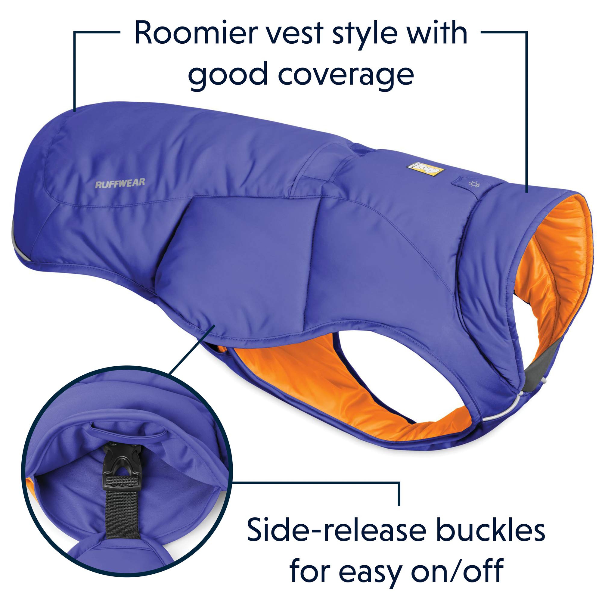 RUFFWEAR Quinzee Insulated Water Resistant Dog Jacket with Stuff Sack - Huckleberry Blue, XX-Small - Perfect for Winter Walks & Outdoor Adventures