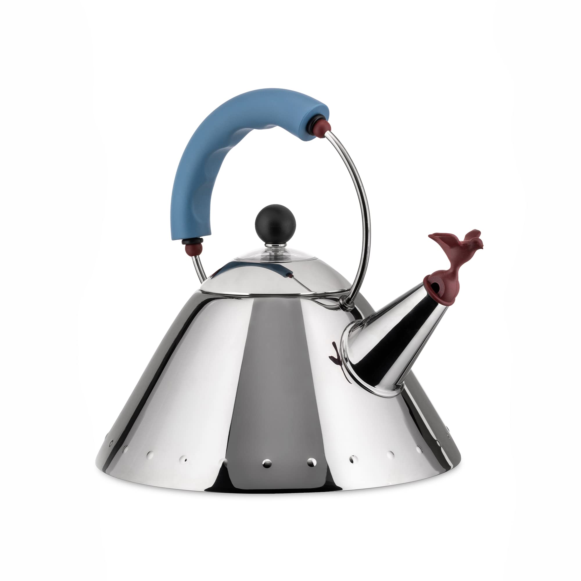 Alessi Stainless Steel Whistling Tea Kettle - 9 Inch Tall, 8.5 Inch Wide, Blue - Perfect for Stovetop & Induction Cooktops - Ideal for Tea Lovers & Kitchen Decor