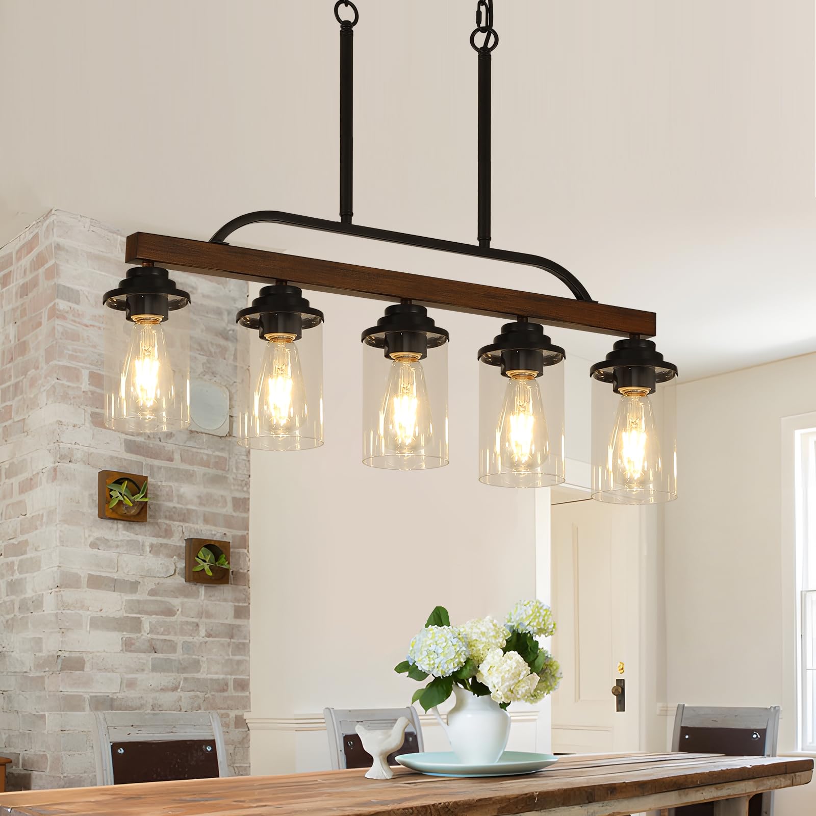 SEEBLEN 5-Light Farmhouse Chandelier - Black Metal Adjustable Kitchen Island Lighting with Clear Glass Shade - Rustic Industrial Dining Room Ceiling Fixture for Kitchen, Restaurant, Cafe and Home Decor
