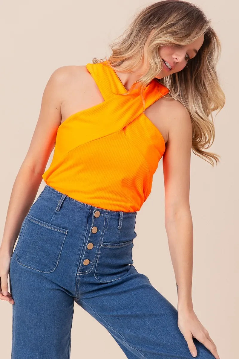 BiBi Rib Knit Cross Neck Banded Top - Women's Casual Stretch T-Shirt for Everyday Wear | Perfect for Layering, Office, and Weekend Outfits