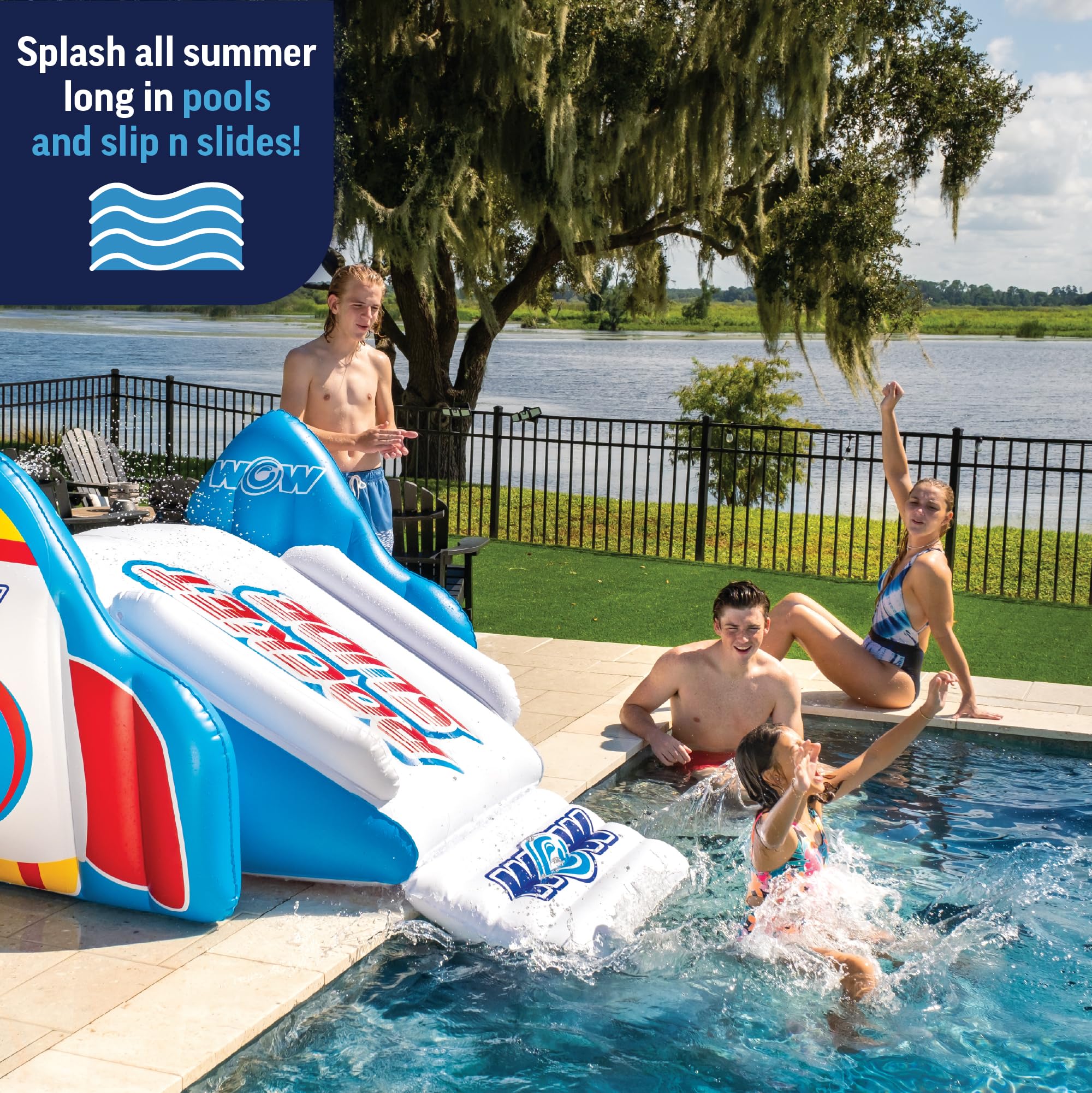 WOW Sports Inflatable Rocket Pool Slide with Built-in Sprayer - Fun Water Slide for Kids & Adults - Heavy Duty Vinyl - Perfect for Backyard, Beach, and Summer Parties