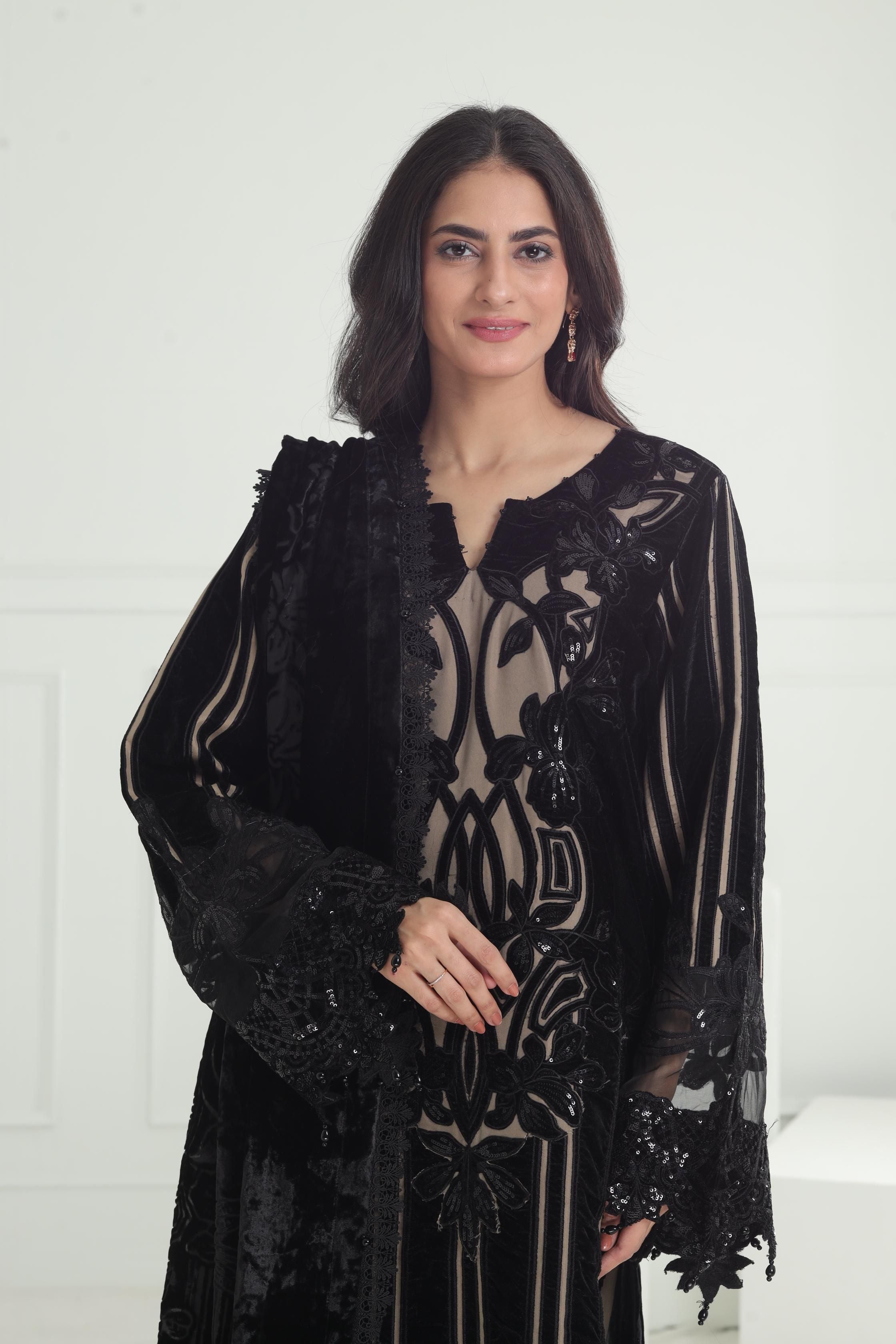 Maria B Winter Luxe Stitched Embroidered Dress - Elegant Party Wear for Women | Perfect for Holiday Gatherings, Weddings & Special Occasions