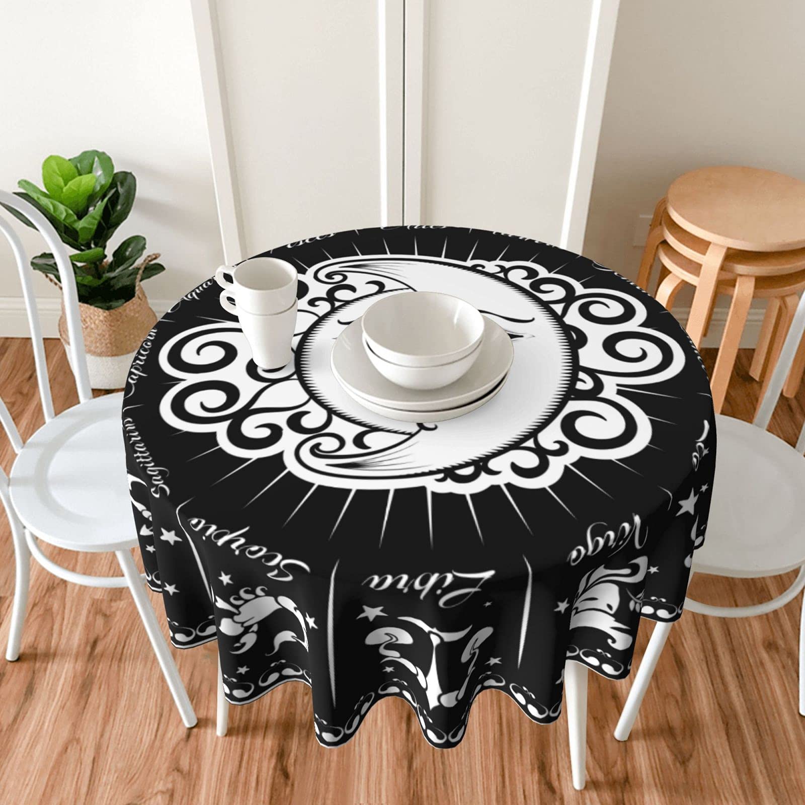 FREEHOTU Zodiac Sign Sun and Moon Round Tablecloth - Thickened Washable 60 Inch Table Cover for Kitchen, Dining, Party Decor | Perfect for Daily Use, Holiday Gatherings & Home Decoration