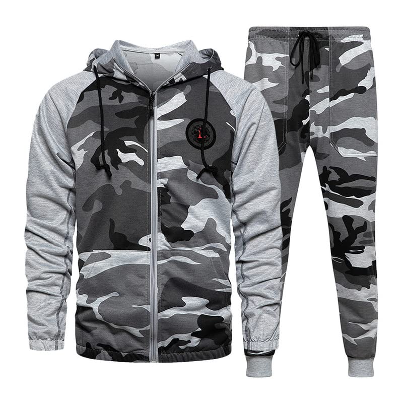Men's Camouflage Hooded Zip-Up Hoodie & Pants 2-Piece Casual Outfit Set - Perfect for Outdoor Adventures, Hiking, and Streetwear Fashion