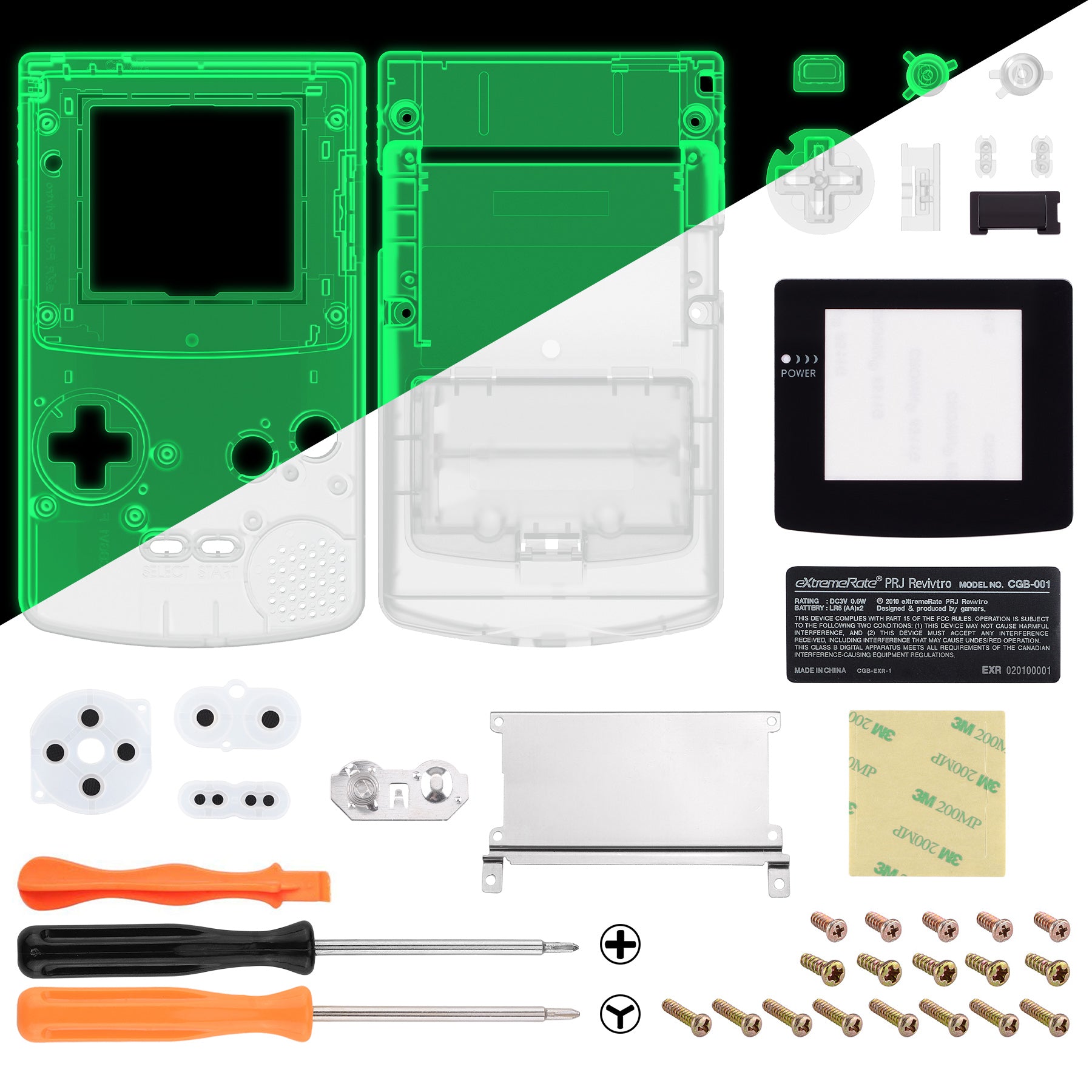 eXtremeRate Glow in Dark Green Replacement Shell Full Housing Cover with Buttons & Black Screen Lens for Gameboy Color (GBC) - Compatible with OSD IPS, Regular IPS & Standard LCD - Perfect for Gaming Enthusiasts & Retro Console Modding (Console & IPS Screen Not Included) QCBM5010