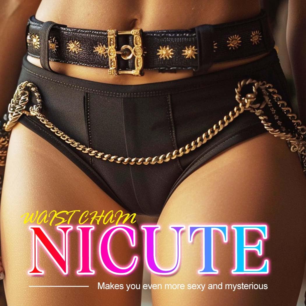 NICUTE Punk Leather Waist Chain for Women - Gothic Body Jewelry Accessories, Black Leather Belt for Waist, Edgy Fashion Statement (Perfect for Concerts, Raves, Halloween & Gothic Outfits) - 6 Pack