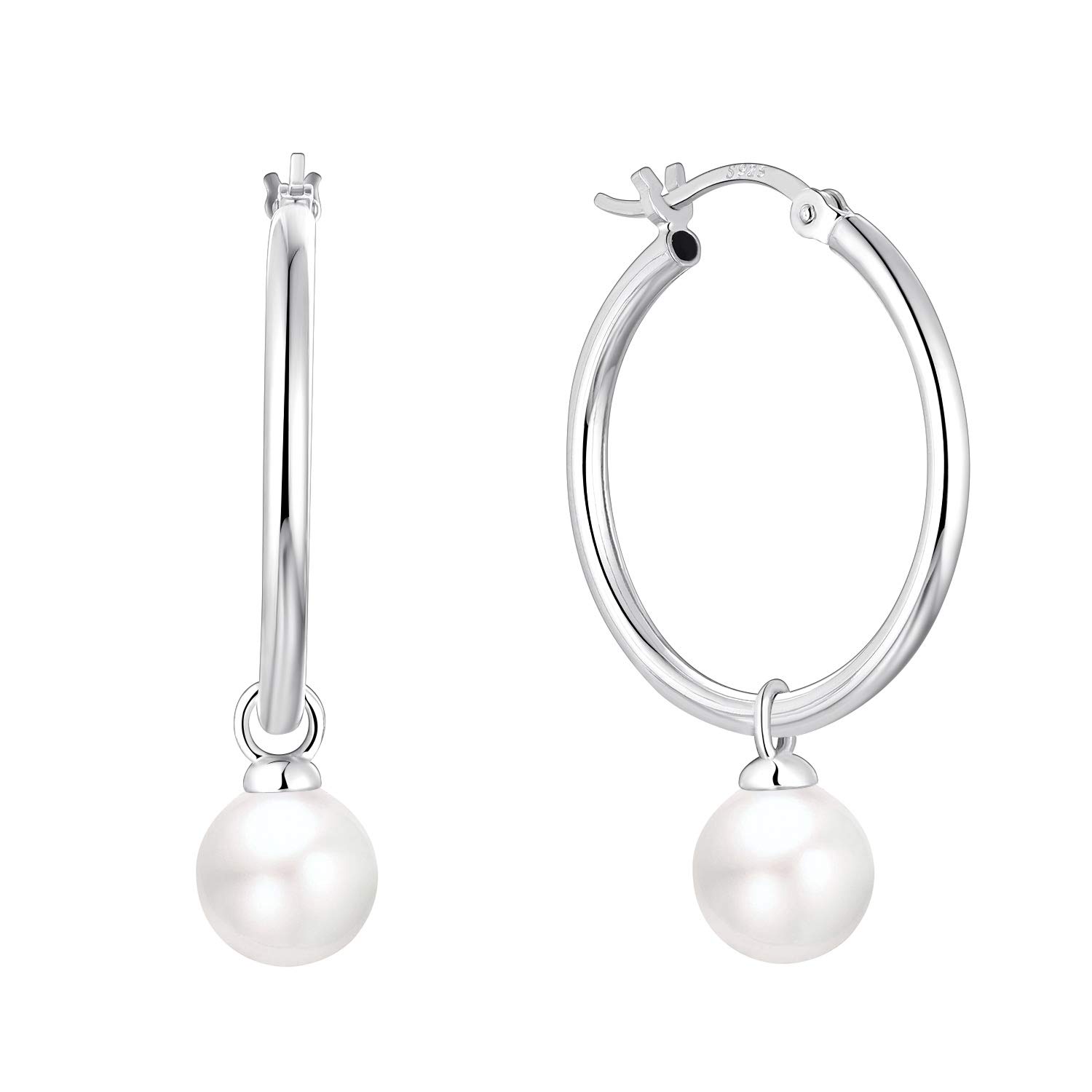 JO WISDOM 925 Sterling Silver Pearl Hoop Earrings - 7mm/8mm White Gold Plated Freshwater Pearl Drop Earrings for Women | Elegant Wedding, Bridal, Party & Everyday Jewelry Gift