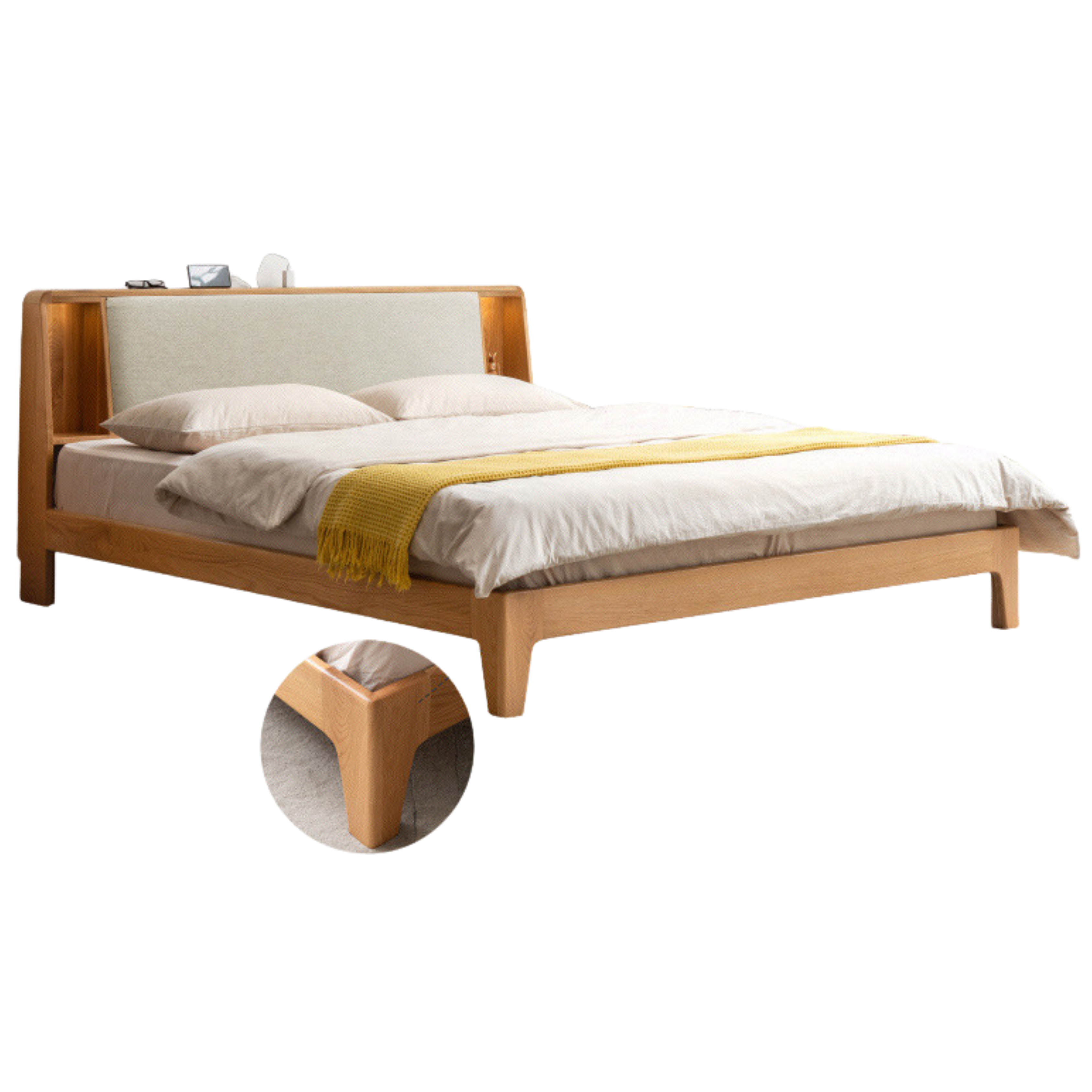 Solid Oak Wood Leather & Fabric Luminous Bed with Shelf - Modern Platform Bed Frame with Storage for Bedroom, Guest Room, or Dorm