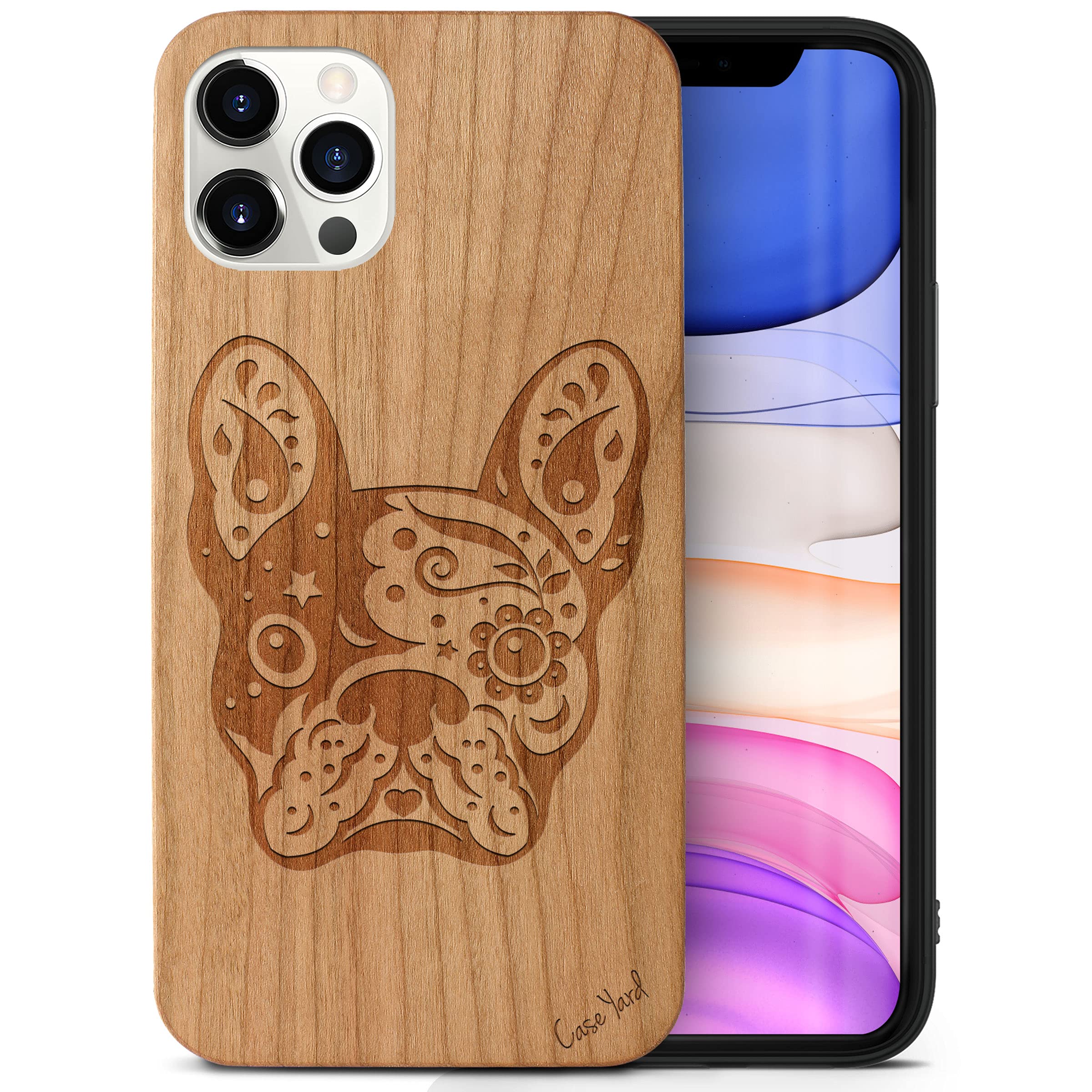 Wooden iPhone 12/12 Pro Case - Laser Engraved Bulldog Design Cherry Wood Protective Cover | Shockproof Slim Fit Phone Case for Men & Women | Perfect for Outdoor Adventures, Daily Use & Gift Giving