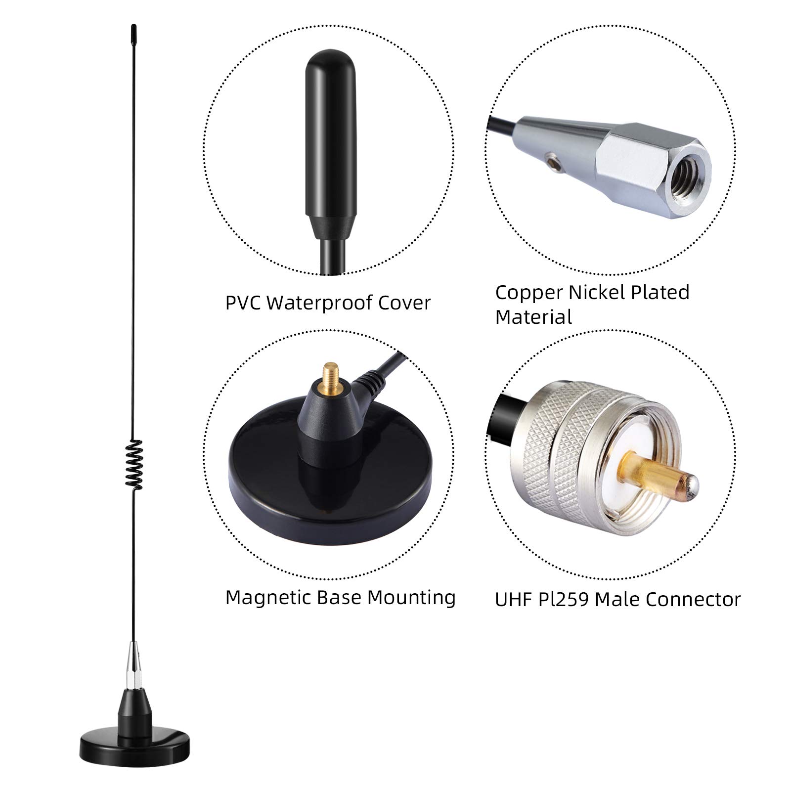 Dual Band VHF UHF Mobile Radio Antenna 136-174MHz 400-520MHz with 10ft RG58 Cable for Ham Radio, GMRS, Yaesu, Two Way Radio - Perfect for Car, Truck, SUV & Off-Road Vehicle Communication