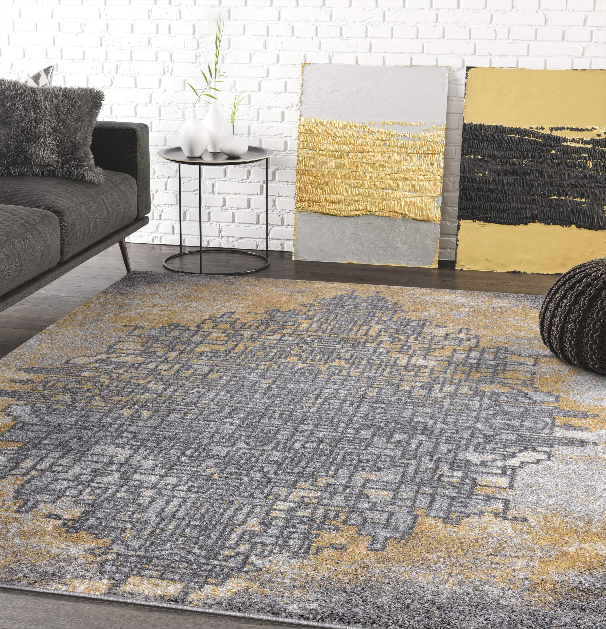 Abani Grey & Yellow Abstract Area Rug 6' x 9' - Modern Contemporary Accent Rug for Living Room, Bedroom & Office - Laguna Collection Soft Non-Slip Floor Carpet