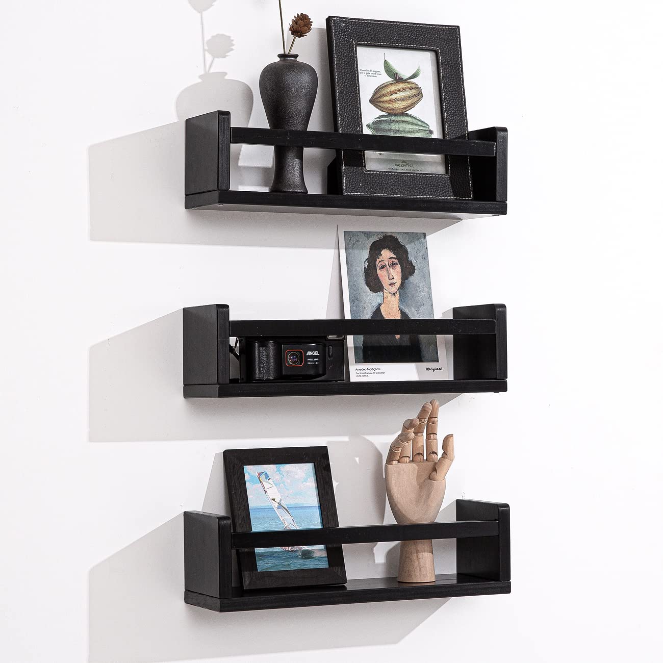 AZSKY Set of 3 Black Wooden Floating Wall Shelves - 16 Inch Nursery Bookshelves for Kids, Bathroom, Living Room & Kitchen Decor - Perfect for Organizing Books, Toys, Spices & Home Décor