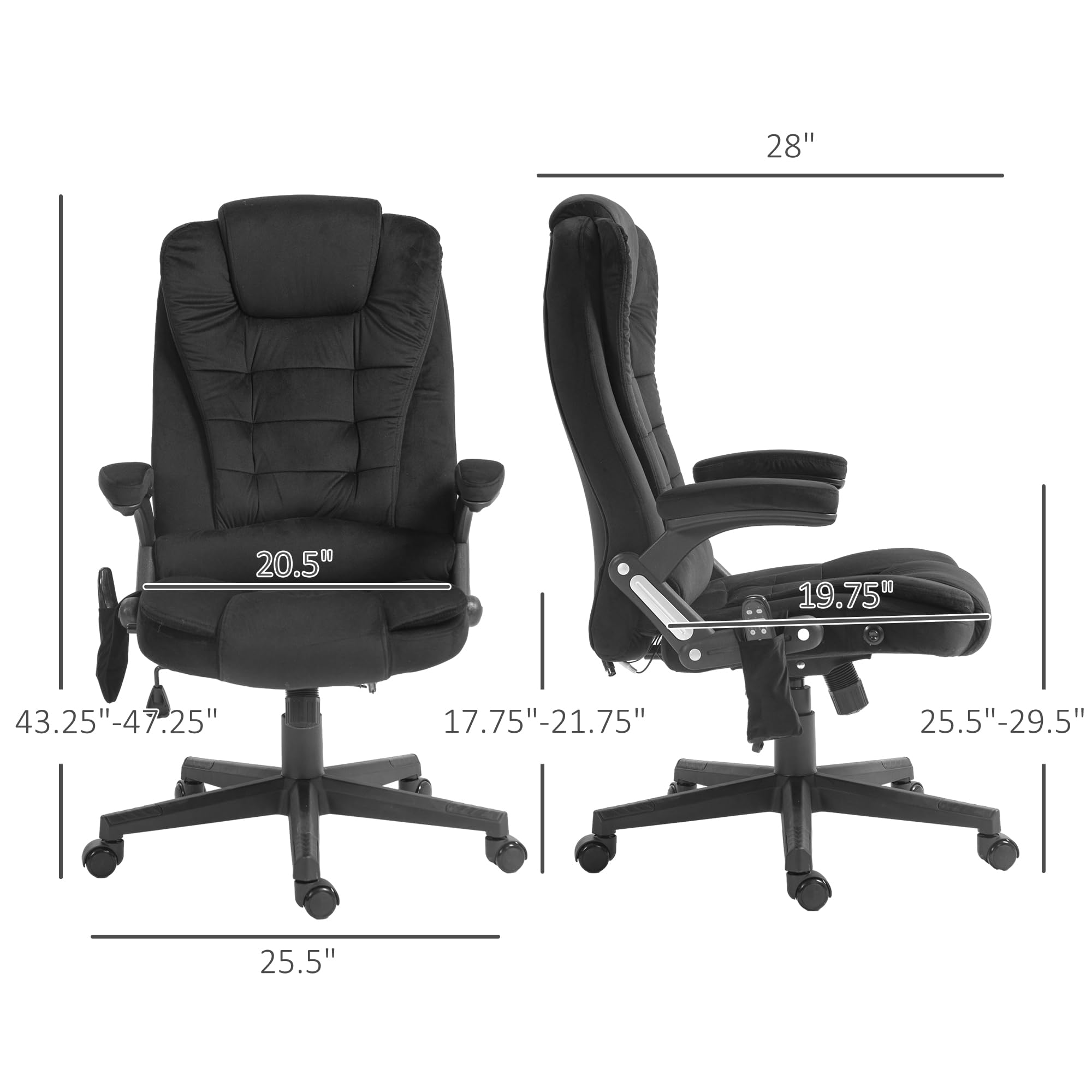 HOMCOM 6-Point Vibrating Massage Office Chair with Heating - High Back Executive Chair with Reclining Function, Padded Armrests & Remote Control - Velvet Upholstered Ergonomic Desk Chair for Home Office, Gaming & Relaxation - Black