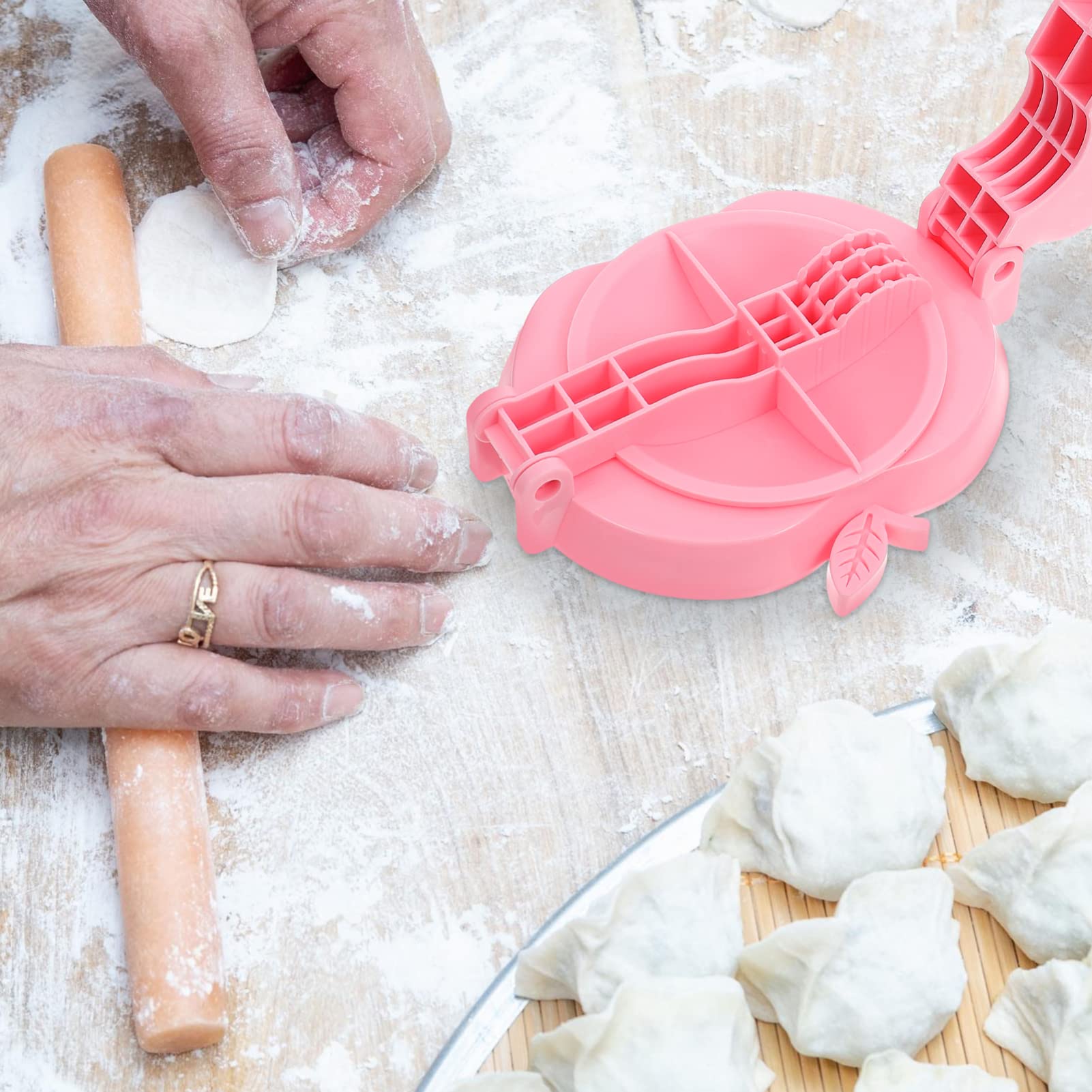 Hemoton 2-Piece Dumpling Maker Set - Authentic Ravioli Press, Tortilla Maker & Pastry Dough Press Tool for Homemade Dumplings, Wontons & Tortillas - Perfect Kitchen Gadget for Asian & Mexican Cuisine - Pink Rotary Design