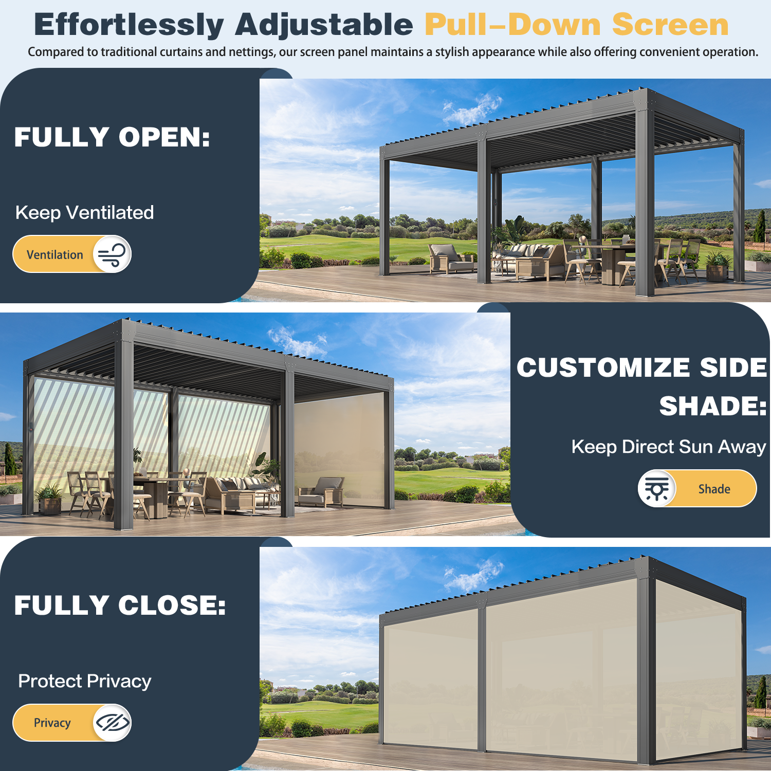 10x20 Aluminum Louvered Pergola with Retractable Screen - Grey Outdoor Patio Cover for Backyard, Deck & Garden Shade