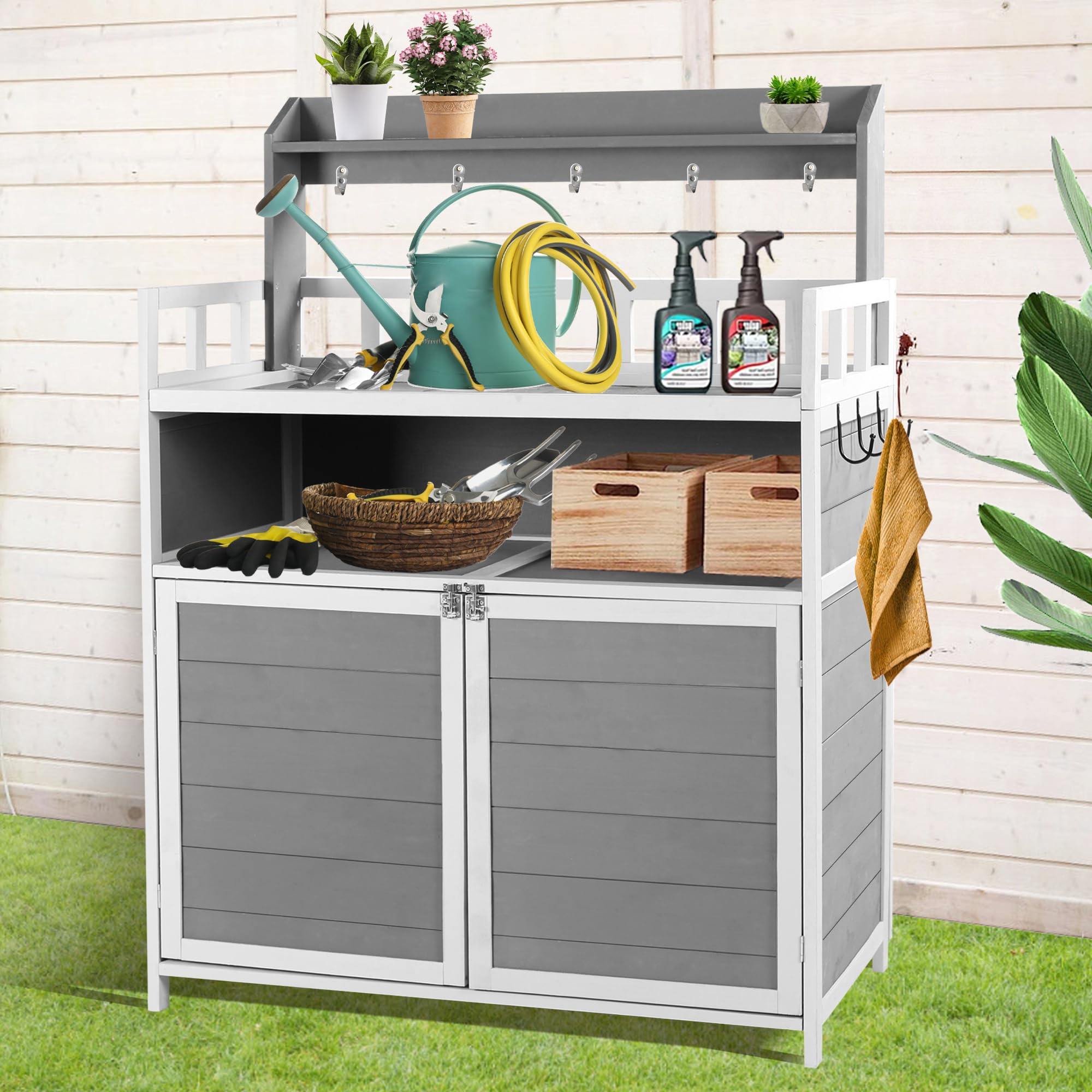 GRAVFORCE Outdoor Potting Bench with Storage Cabinet & Double Doors - Heavy Duty Gardening Table for Planting, Potting & Organizing - Perfect for Porch, Backyard, Patio & Greenhouse Use (Grey)