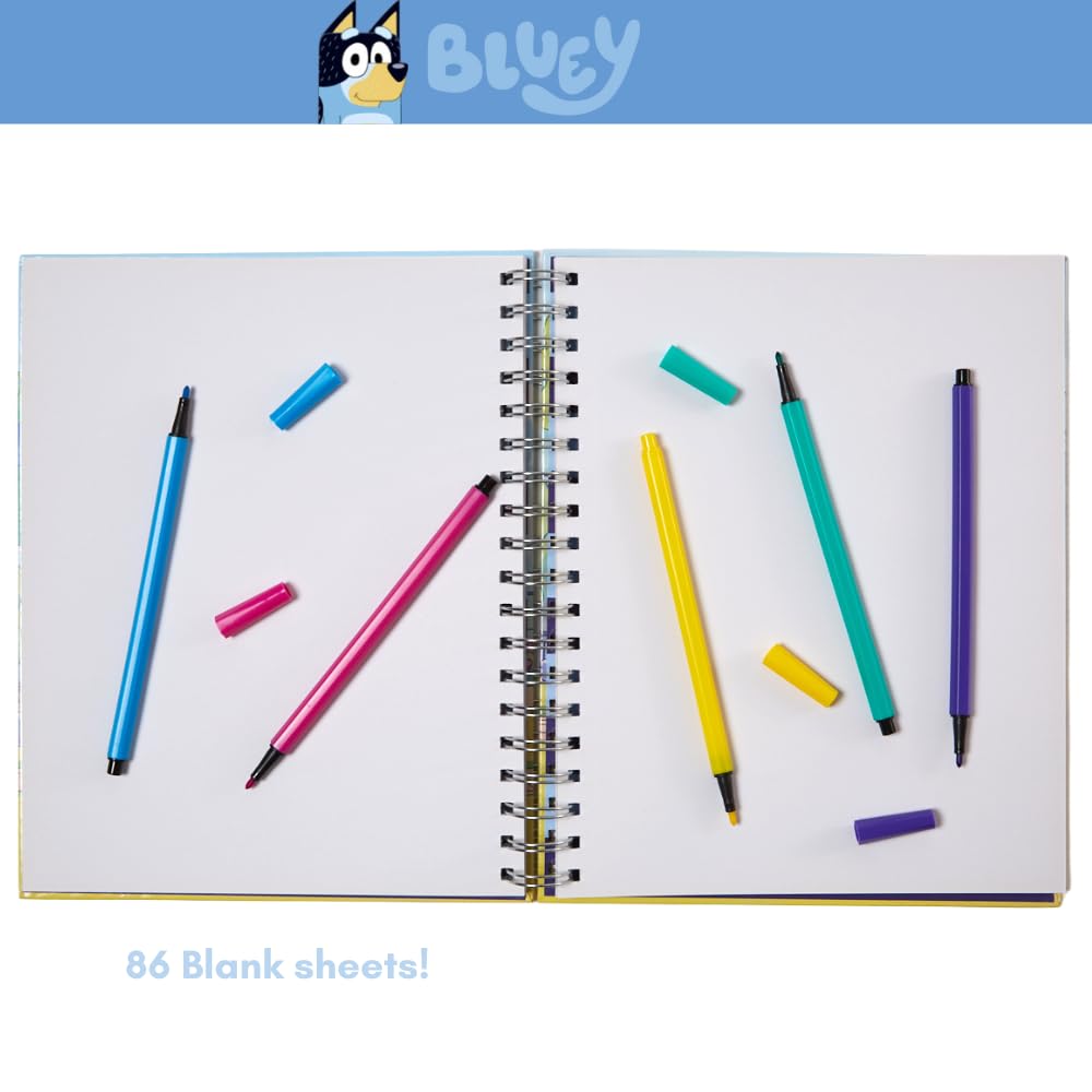 Bluey Sketchbook for Kids with Washable Markers - 86 Blank Pages Spiral Bound Drawing Notebook | Creative Art Supplies for Children | Perfect for School, Travel & Birthday Gifts