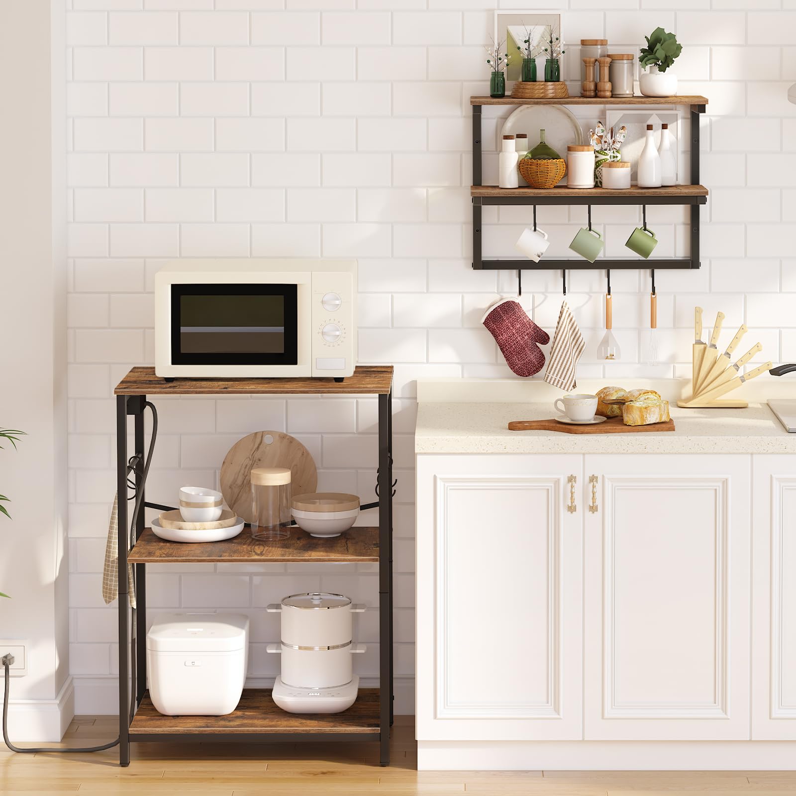 HOOBRO Rustic Brown Bakers Rack with Power Outlets - Freestanding Kitchen Storage Shelf with Floating Shelves & 11 S-Hooks - Perfect Coffee Bar Station & Microwave Stand for Kitchen, Living Room, Dining Area - Model BF11UHB01