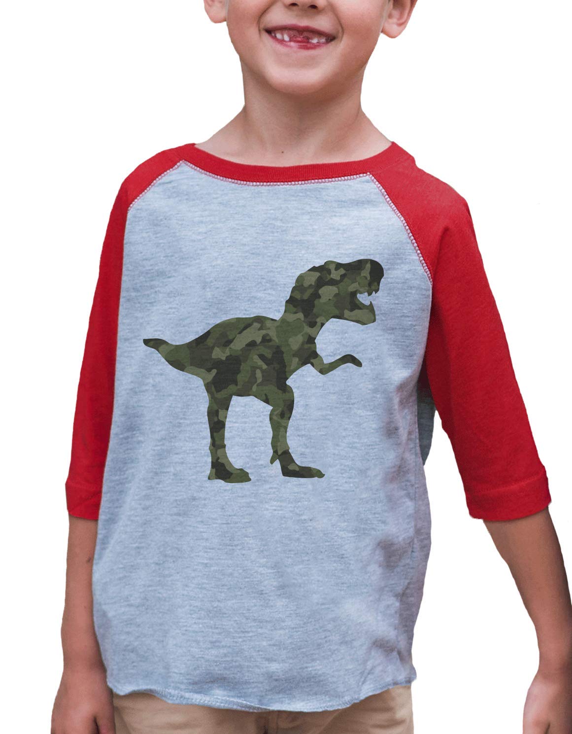 7 ate 9 Apparel Kids Green Camo Dinosaur Print Red Raglan Tee - Soft Cotton T-Shirt for Boys & Girls - Perfect for Playdates, School & Outdoor Adventures
