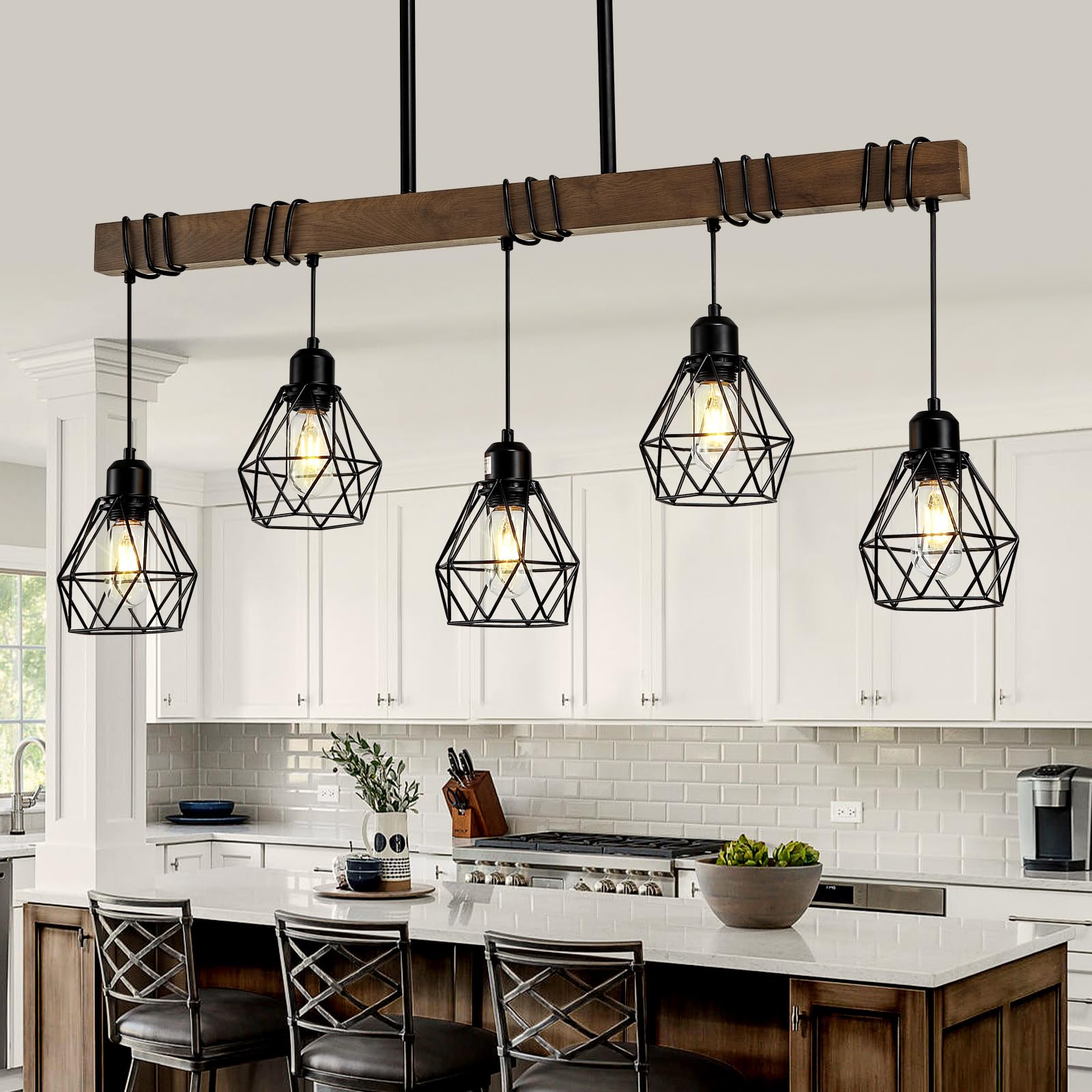 5-Light Farmhouse Linear Chandelier - Matte Black Rustic Wood Ceiling Pendant Light with Metal Lampshade for Kitchen Island, Dining Room Table | Modern Farmhouse Decor Lighting Fixture