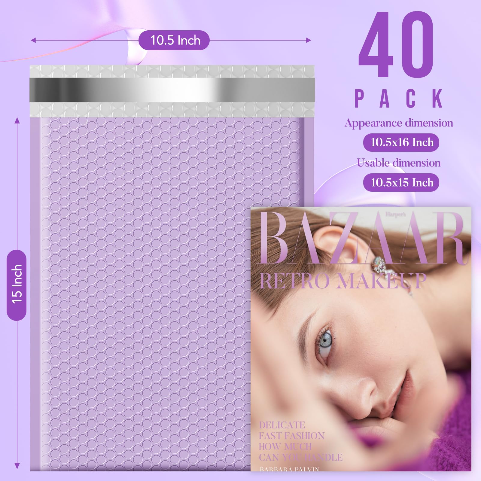 Fuxury 10.5x16 Inch Large Bubble Mailers - 40 Pack Self-Sealing Padded Envelopes | Waterproof Shipping Bags with Bubble Cushioning for Small Business Packaging | Perfect for Ecommerce, Amazon FBA & Mailing Fragile Items (Lavender, #5 Size)