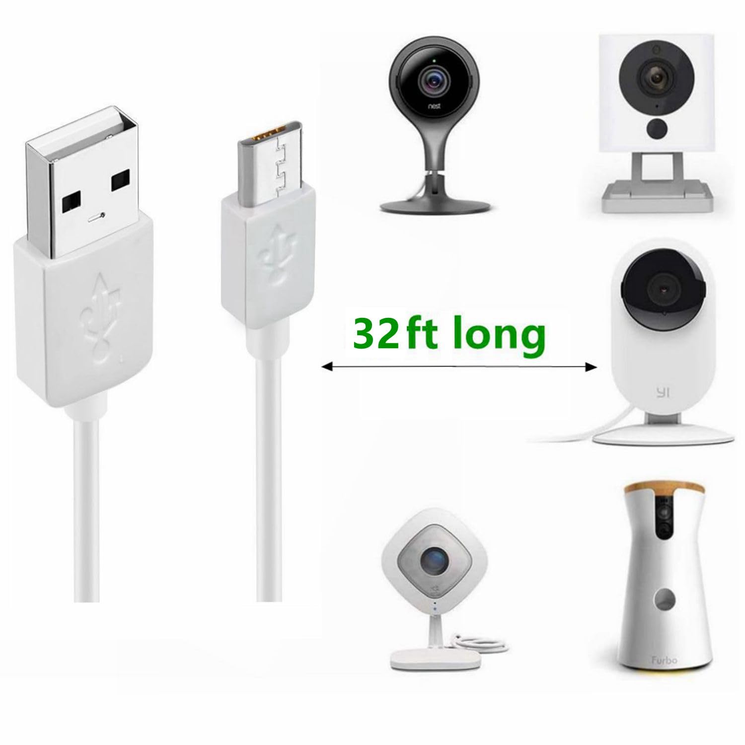 32-Foot (10M) Power Extension Cable for Wyze Cam, Yi Camera, NestCam Indoor & More - USB to Micro USB Charging Cord for Home Security Cameras - Perfect for Hard-to-Reach Outlets & Optimal Camera Placement