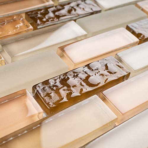 Mini Brick Mix Glass Mosaic Tiles - 10 Sheets/Case (Beige & Caramel) - Waterproof Peel & Stick Backsplash for Bathroom, Kitchen, Shower, Fireplace - DIY Home Decor & Wall Accent