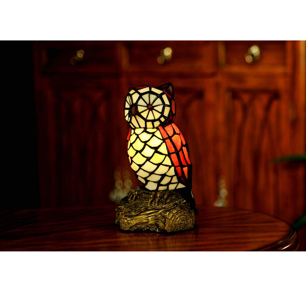 LITFAD Tiffany Style Vivid Owl Desk Lamp - 1 Light Stained Glass LED Night Light in Red for Bedroom, Living Room, Office & Hotel Decor | Perfect Reading Light & Cozy Ambiance Lighting