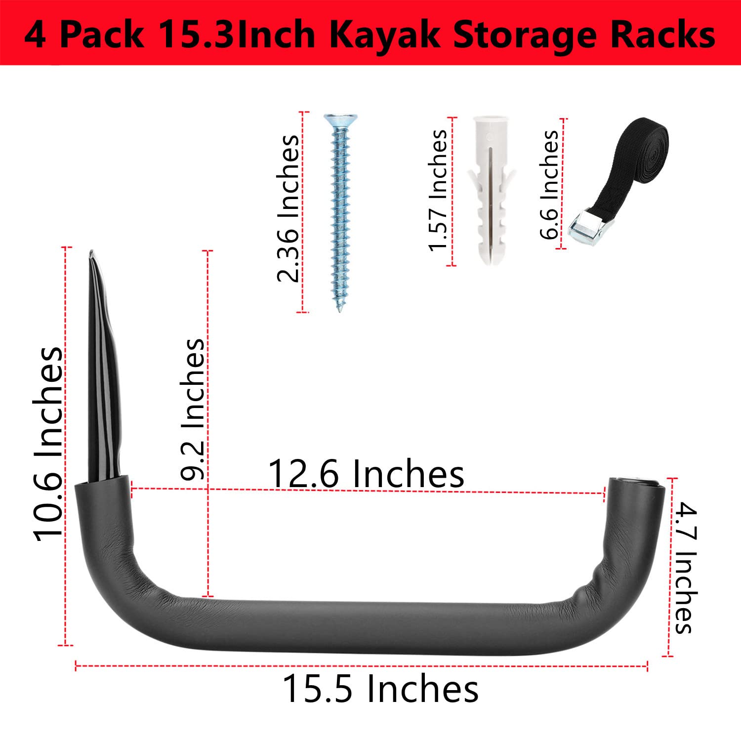 **Heavy Duty Garage Storage Kayak Hooks - 4 Pack Wall Mount Canoe & Surfboard Rack (39cm, Max Load 45kg Each) - Perfect for Kayak, Canoe, Surfboard, Paddleboard Storage in Garage, Shed, or Boat House**
