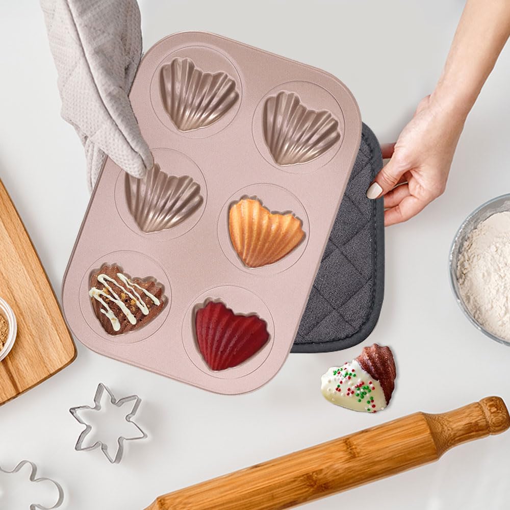 2-Piece Madeleine Mold Cake Pan Set - 6 Cavity Heart-Shaped Mini Tea Cake Pans for Baking | Perfect for Afternoon Tea, Dessert Parties & French Pastry Making