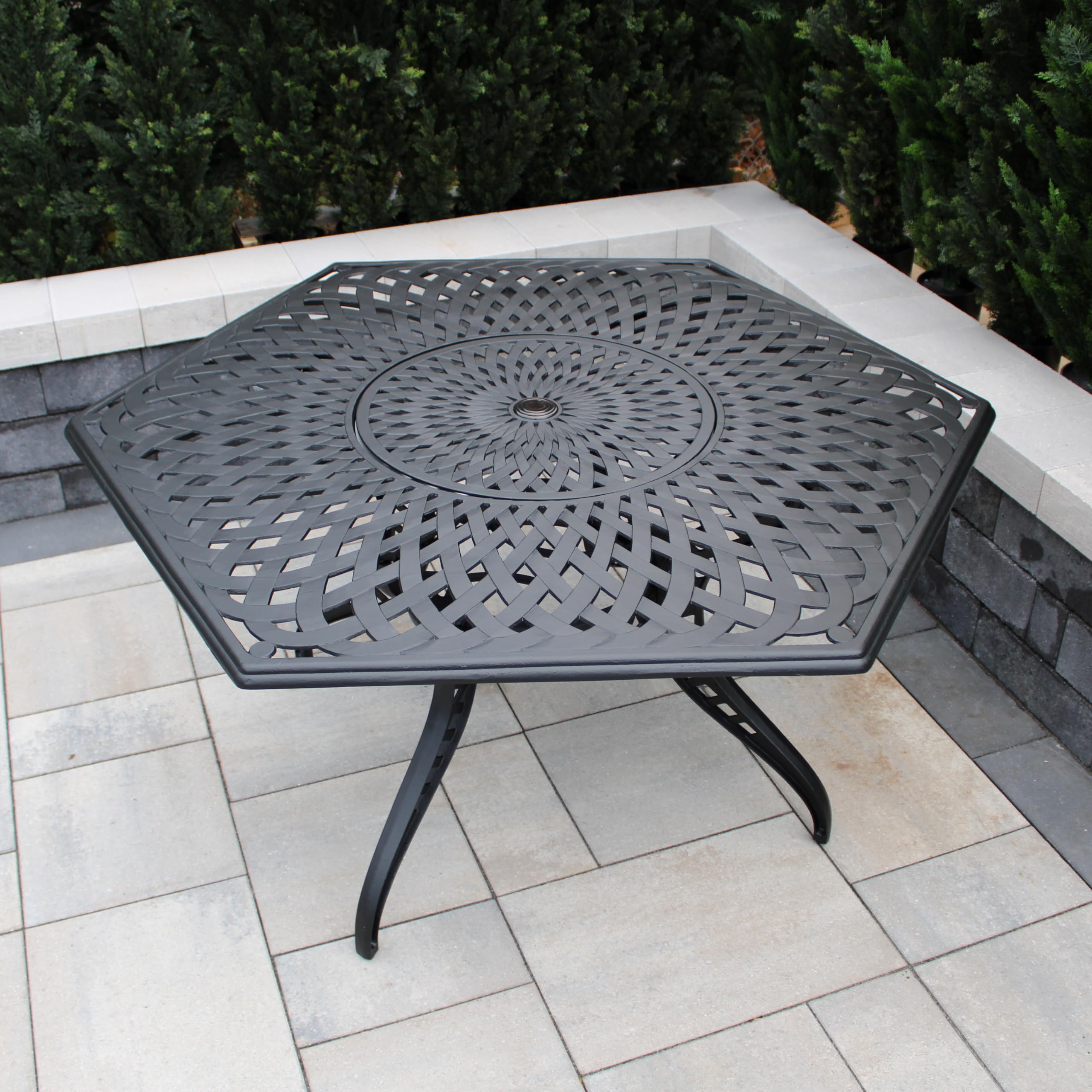 Modern Black Outdoor Hexagon Dining Table with Lazy Susan - 63