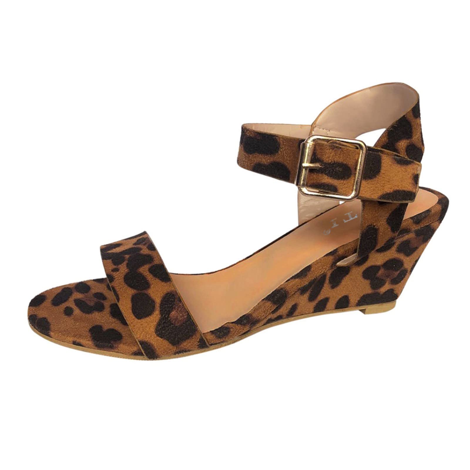 Women's Summer Casual Wedge Sandals with Button Detail - Open Toe Leopard Print Block Heel Sandals for Beach, Vacation & Everyday Wear