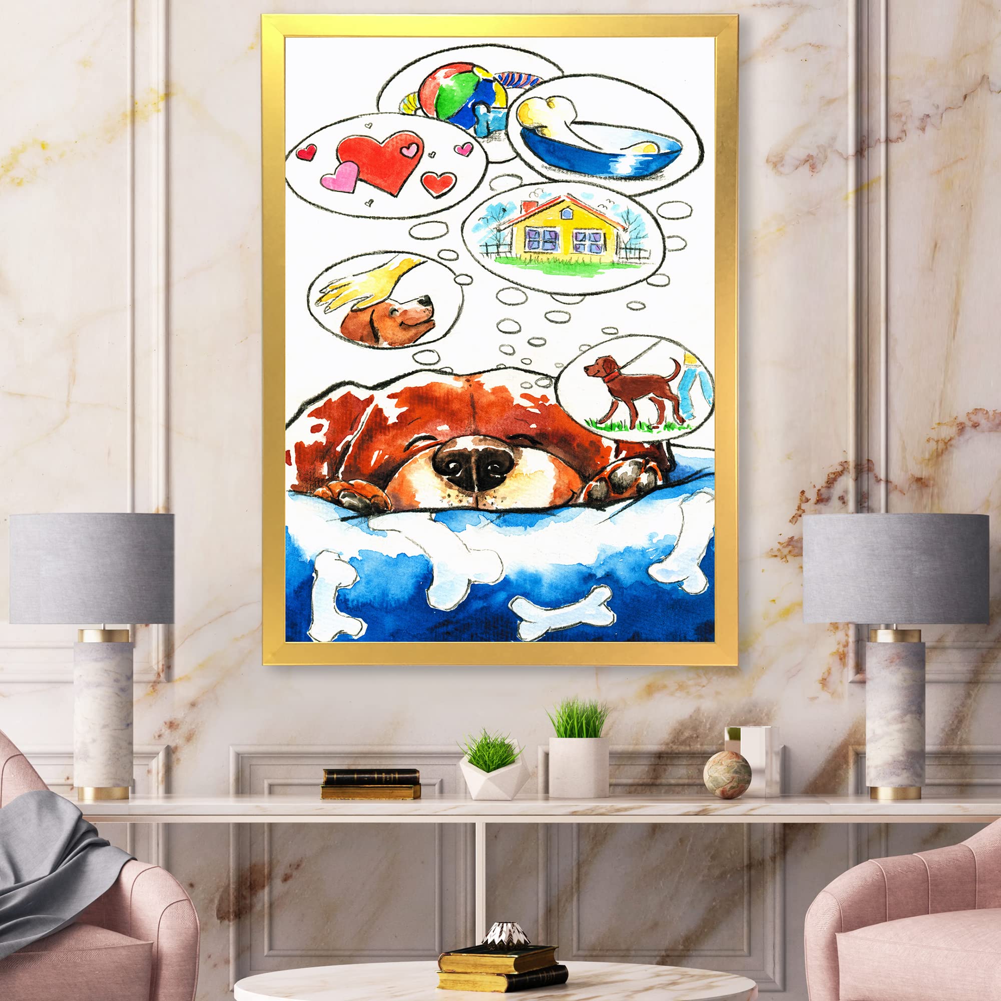 Dog Dreams Children's Art - Framed Wall Decor for Kids Room, Nursery & Playroom - Cute Animal Painting for Bedroom & Classroom