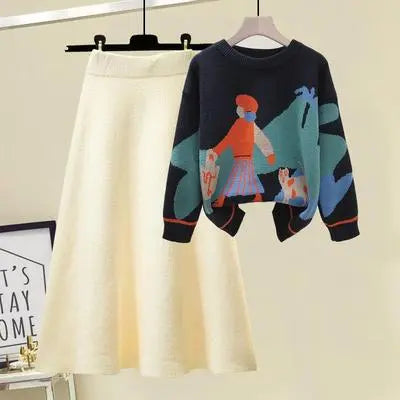 Women's Autumn Winter Knitted Sweater & High Waist A-Line Skirt 2-Piece Set - Cozy Long Sleeve Pullover & Flattering Skirt Outfit for Casual Wear, Office, and Date Nights