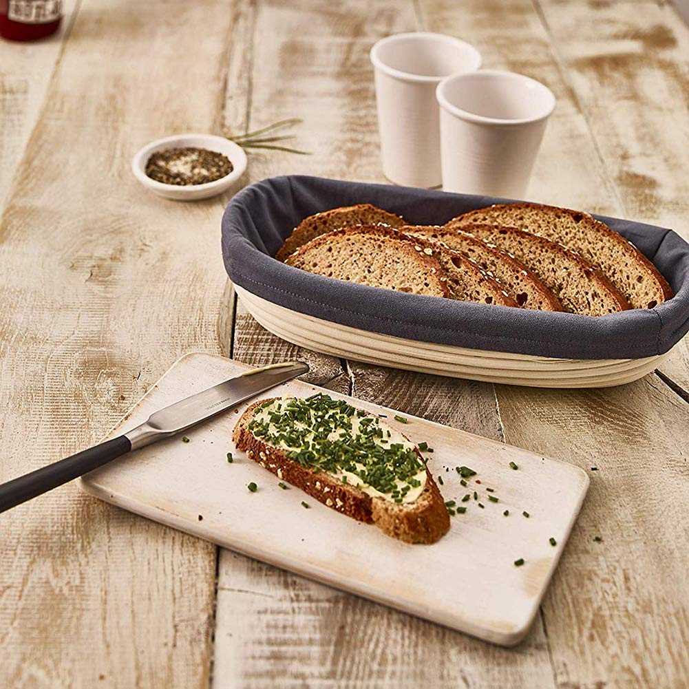 Handmade Rattan Bamboo Bread Proofing Basket with Linen Cloth & Dough Scraper - Perfect for Sourdough, Banneton Baking & Artisan Bread Making - Ideal for Home Bakers & Professional Bakeries