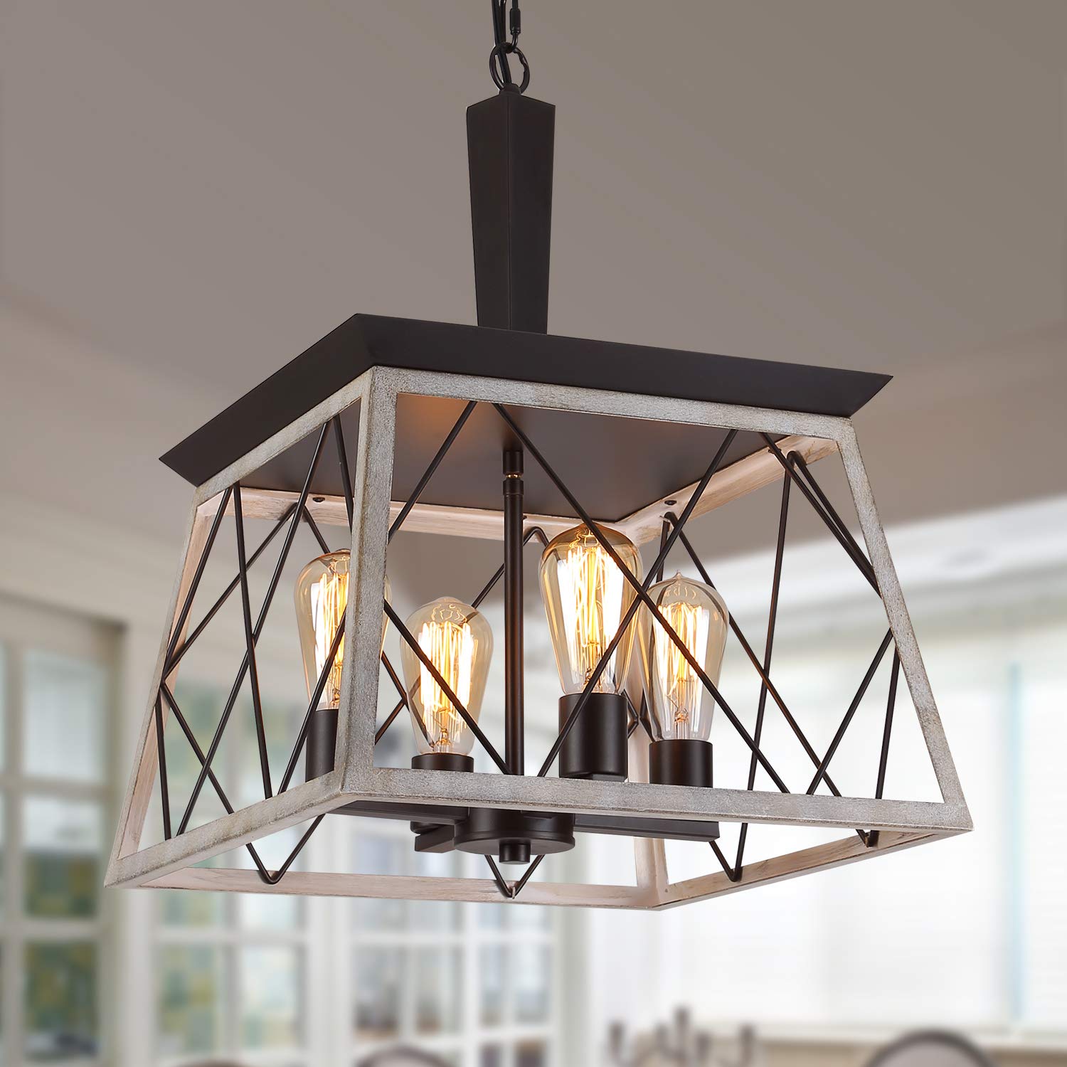 Q&S Farmhouse Vintage Chandelier - Rustic Industrial Pendant Light Fixture with Wrought Iron & ORB+Oak White Finish, 4-Light E26 UL Listed - Perfect for Dining Room, Kitchen Island & Farmhouse Decor