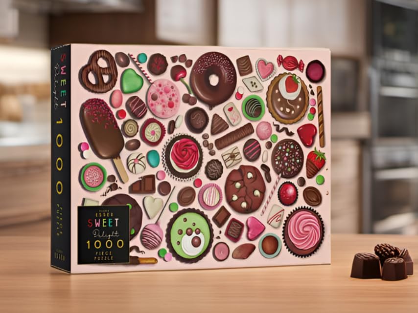 Elena Essex 1000 Piece Jigsaw Puzzle - Sweet Delight Donut Cake Candy Macaron | Premium Adult Puzzle Game | 19.3 x 26.8 Inch Classic Art Puzzle | Perfect for Family Game Night & Stress Relief