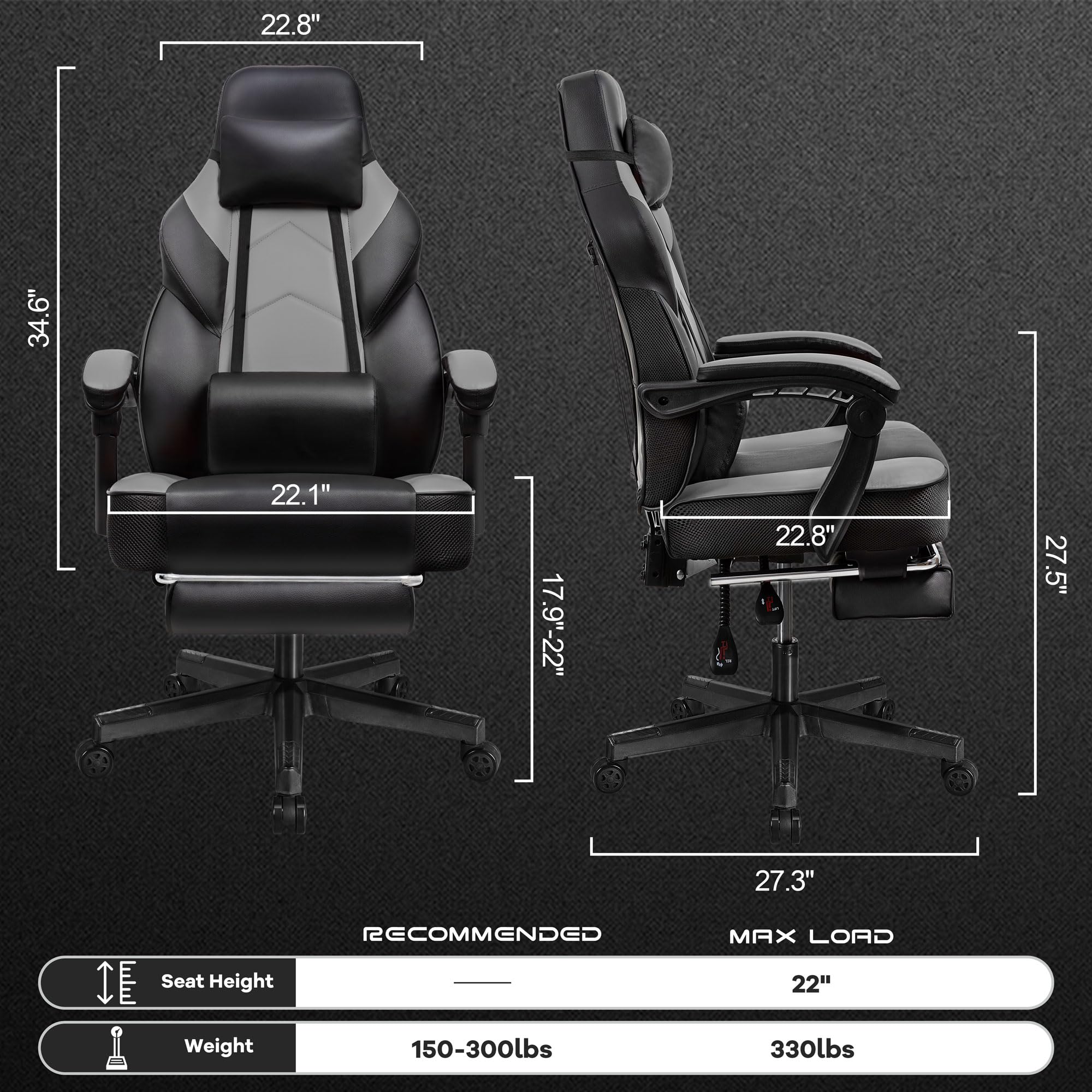 Meilocar Ergonomic Gaming Chair for Adults - Big and Tall Computer Chair with Adjustable Footrest, Massage Lumbar Support & 360° Swivel - Grey - Perfect for PC Gaming, Office Work & Home Entertainment