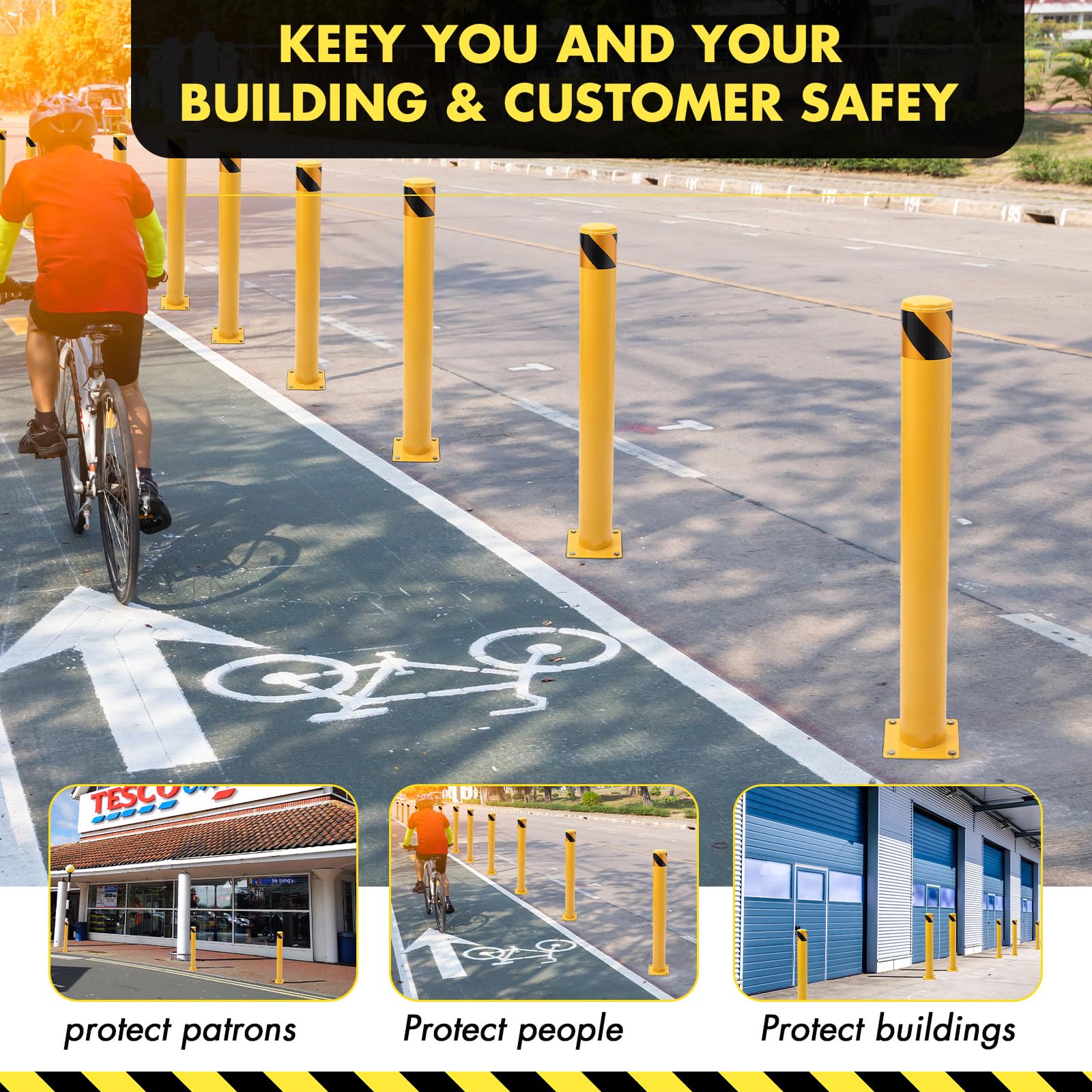 42 x 4.5 Inch Heavy Duty Removable Steel Safety Bollard Posts - Yellow Parking Barriers (6 Pack) for Driveway, Warehouse & Traffic Control