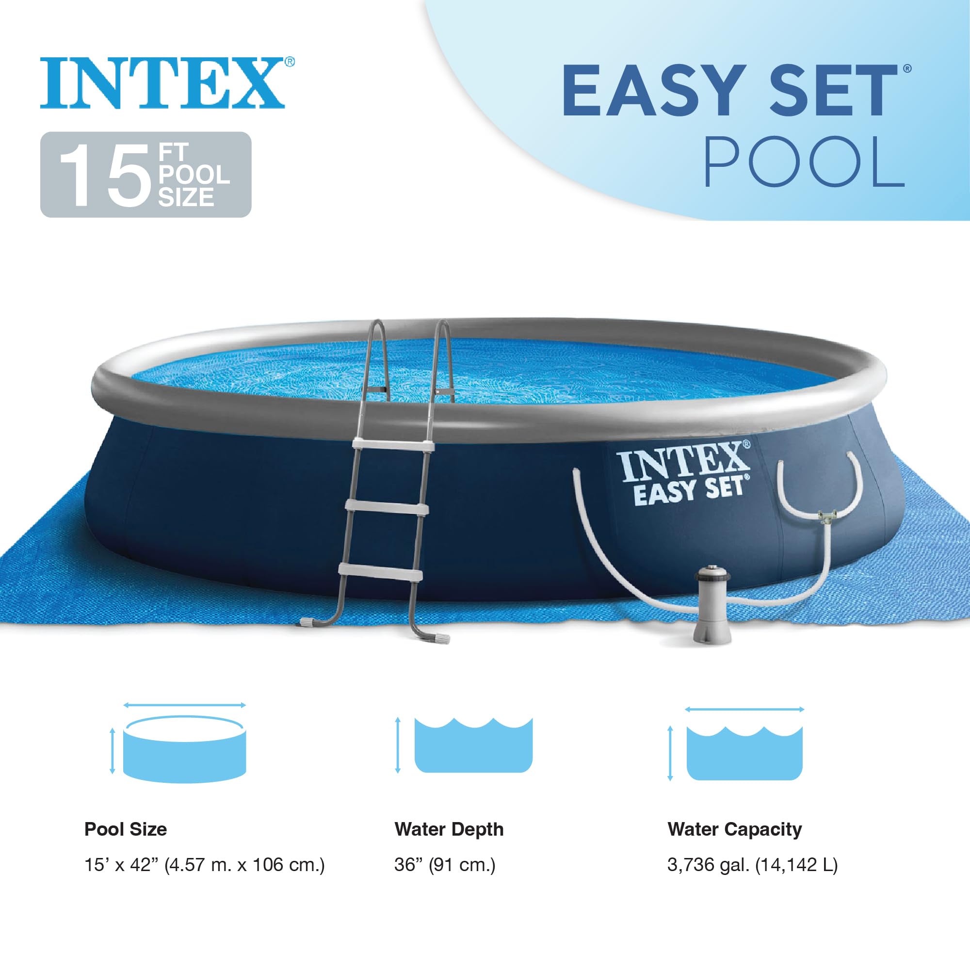 INTEX Inflatable Above-Ground Swimming Pool - 15ft x 48in Easy Set with Filter Pump & Ladder | Family Backyard Fun, Summer Outdoor Activities, Kids Water Play
