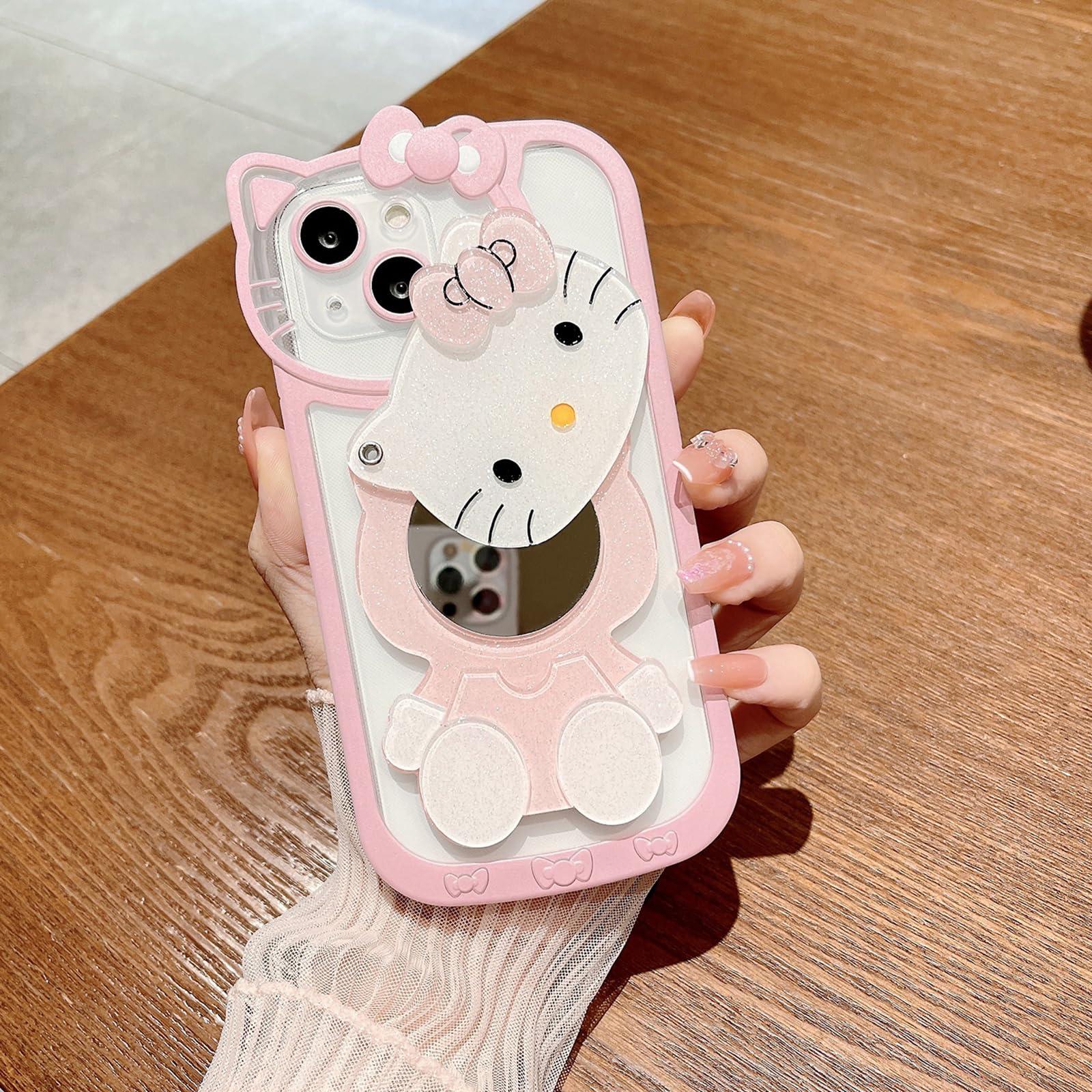 Cute Pink Kawaii Cartoon Phone Case for iPhone 7/8/SE with Mirror - Stylish Makeup Mirror Protective Cover for Girls - Perfect for School, Work & Everyday Use