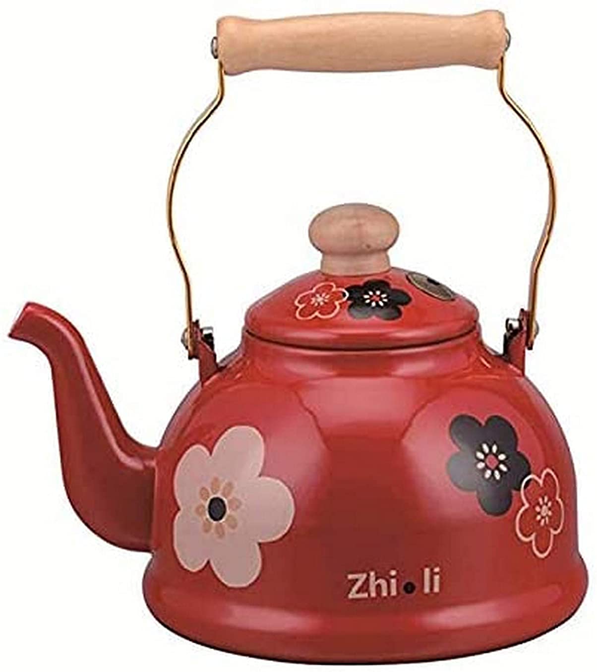 Stainless Steel Whistling Tea Kettle 2.5L - Enamel Stovetop Teapot with Wooden Handle & Floral Pattern (Red) - Perfect for Home, Kitchen, Office & Tea Lovers