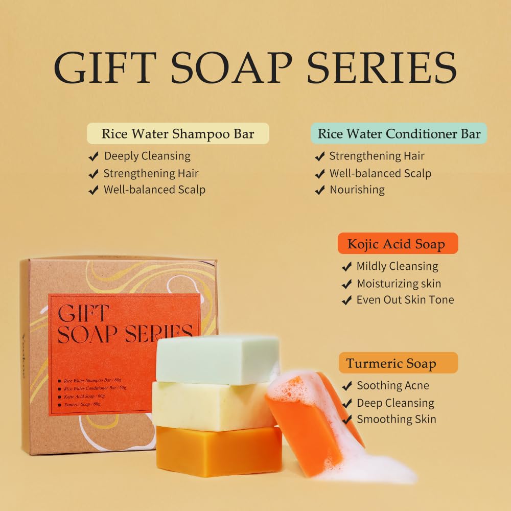 Turmeric Soap Bar & Rice Water Shampoo Conditioner Bar Set with Kojic Acid - Deep Cleansing for Body, Face & Hair | Travel Toiletries & Spa Gifts for Women | Perfect for Skincare Routine, Travel Essentials & Relaxing Self-Care Moments