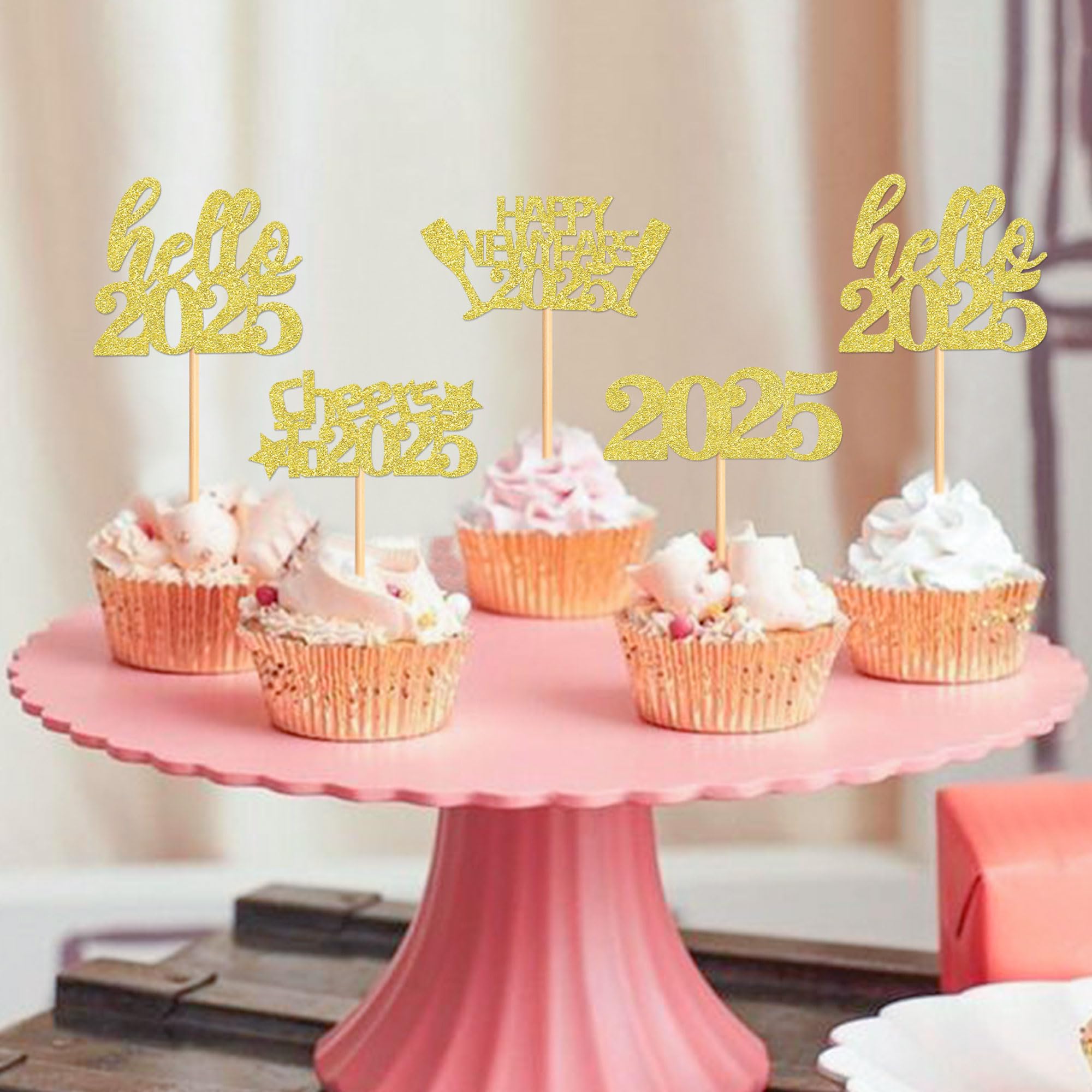 40 Pcs Gold Glitter New Year Cupcake Toppers 2025 - Cheers to 2025 Cake Picks for New Year's Eve Party Decorations - Perfect for Birthday, Wedding & Holiday Celebrations
