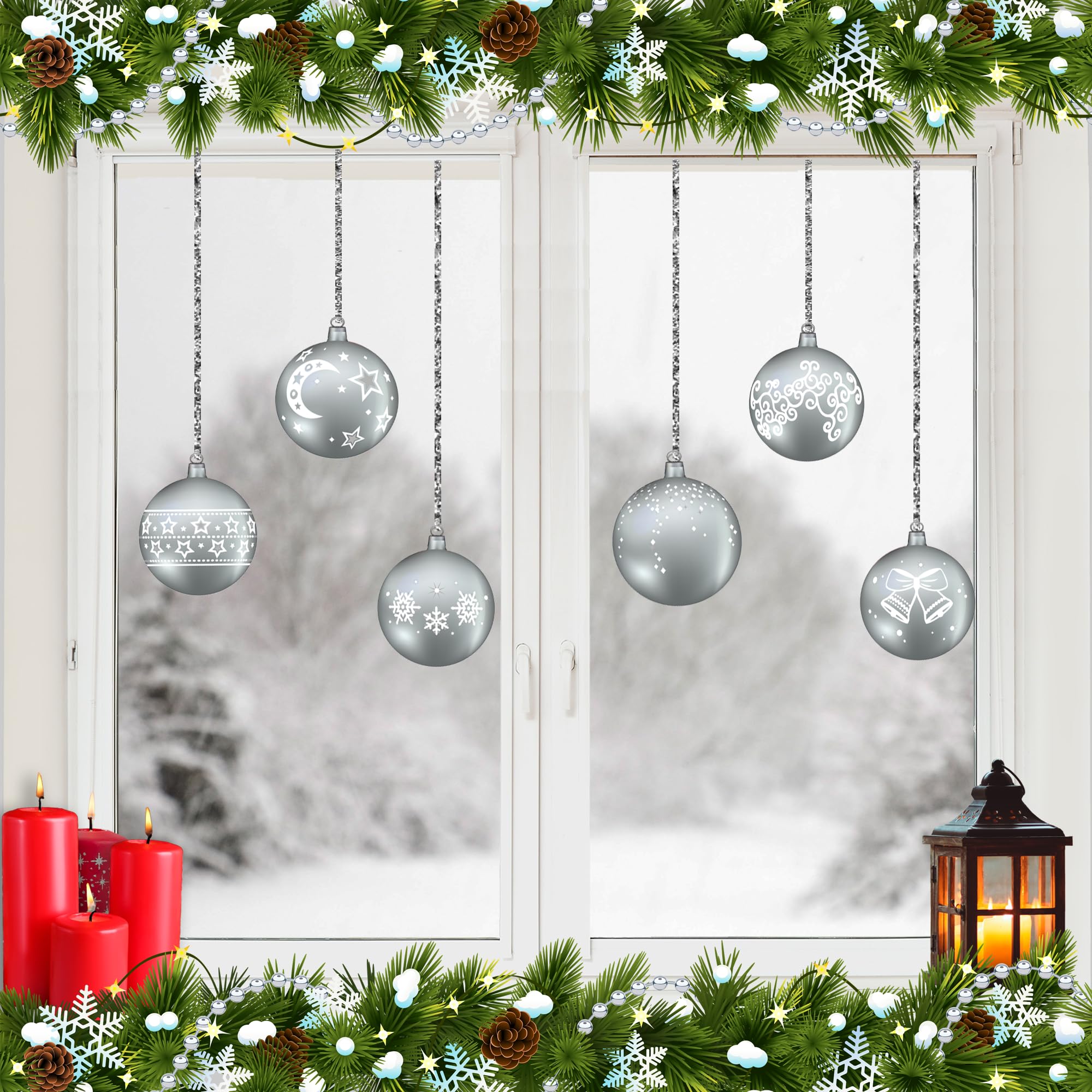 12 Pack Silver Glitter Window Clings with Strings - Holiday Decorative Stickers for Windows, Glass Doors & Mirrors (Perfect for Christmas, Halloween & Party Decorations)