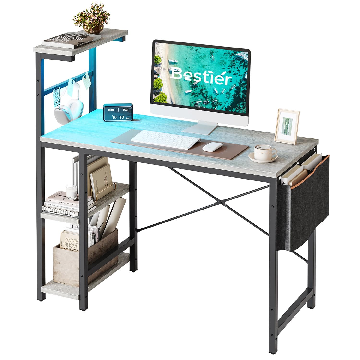 Bestier 44 Inch Gaming Computer Desk with 4-Tier Shelves, LED Lights, Storage Bag & Printer Shelf - Retro Grey Oak | Home Office & Gaming Setup for Small Spaces